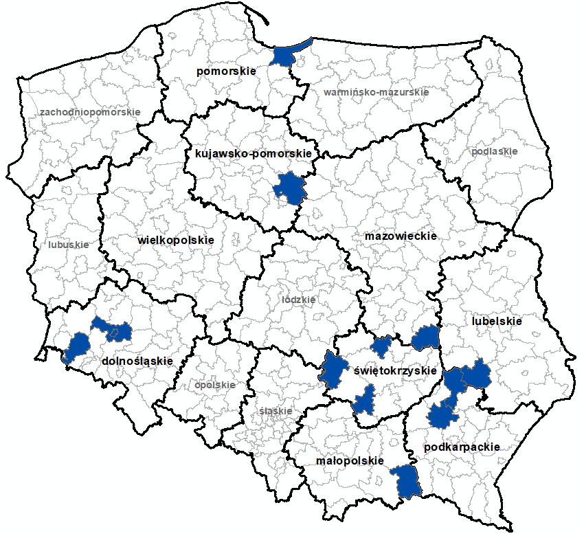 Ilustracja przedstawia obszary powiatów objętych aktualizacją zbiorów danych BDOT10k.