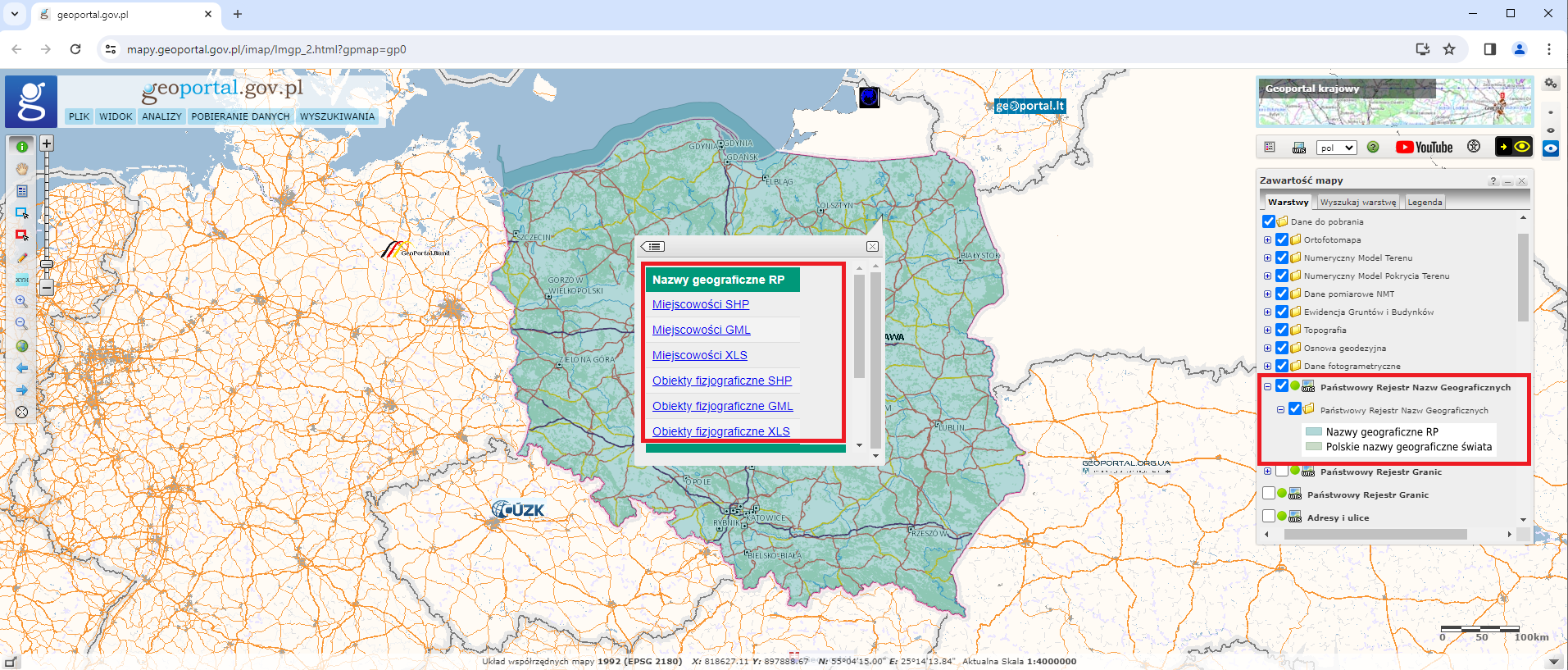 Ilustracja przedstawiająca zrzut ekranu z serwisu www.geoportal.gov.pl z uruchomioną usługą pobierania danych dotyczących nazw geograficznych RP poprzez skorowidze.