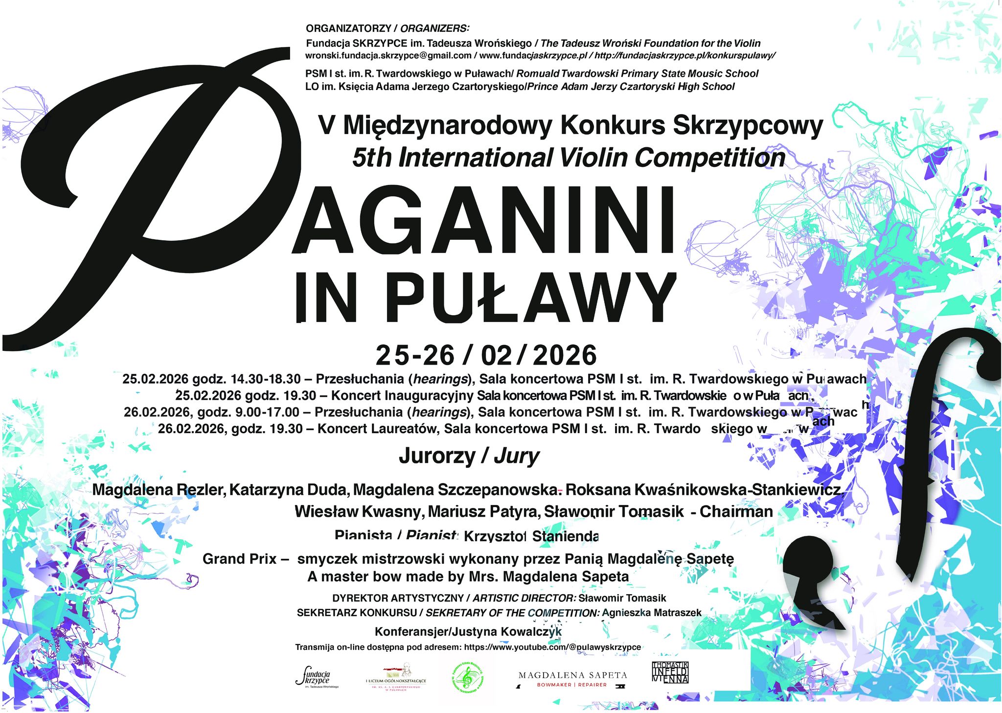 Plakat ze szczegółami wydarzenia na białym tle i niebieskim akcentami