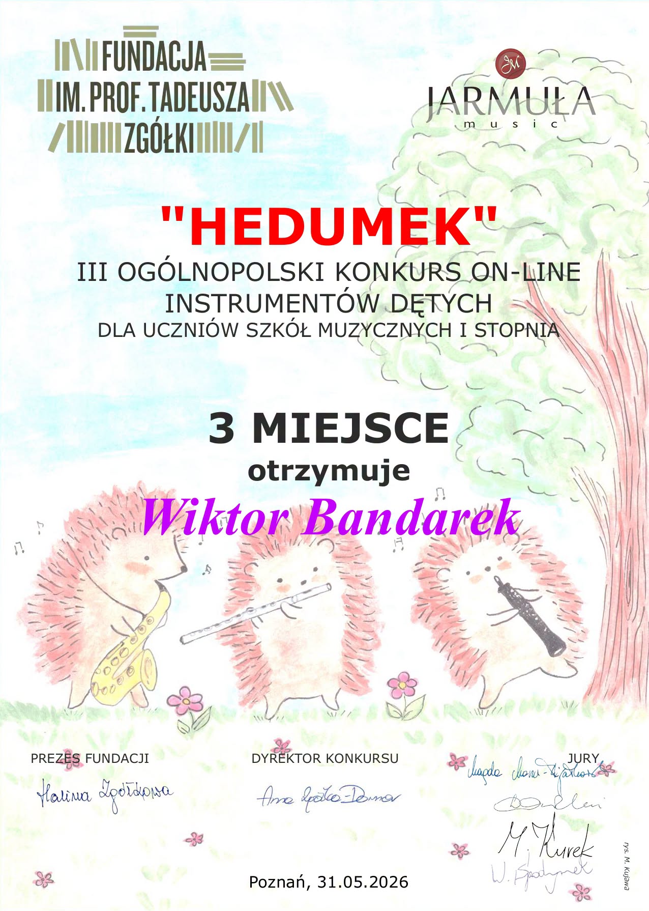 Zdjęcie przedstawiające dyplom za zajęcie 3. miejsca dla Wiktora Bandarka w III Ogólnopolskim Konkursie ON-LINE Instrumentów Dętych „HEDUMEK”, zorganizowanym przez Fundację im. prof. Tadeusza Zgółki.