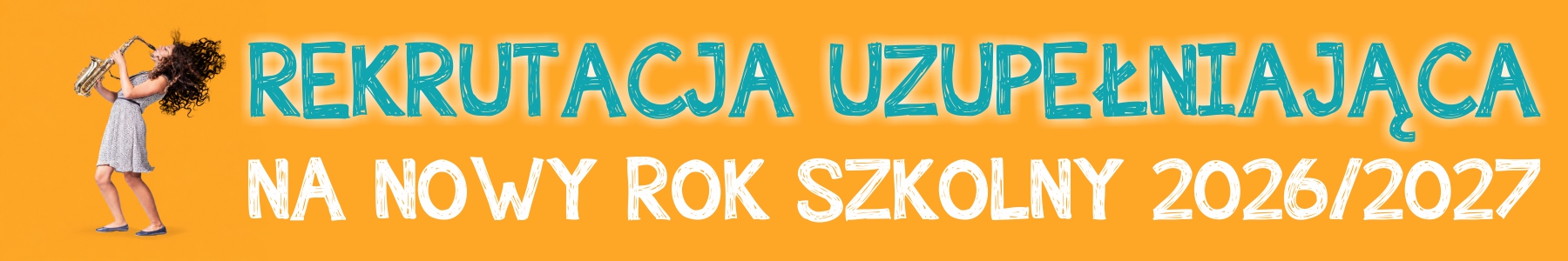 Banner reklamujący rekrutację na nowy rok szkolny 2026/2027. Z lewej strony chłopak grający na gitarze klasycznej. W centralnej części plakatu napis o rekrutacji.