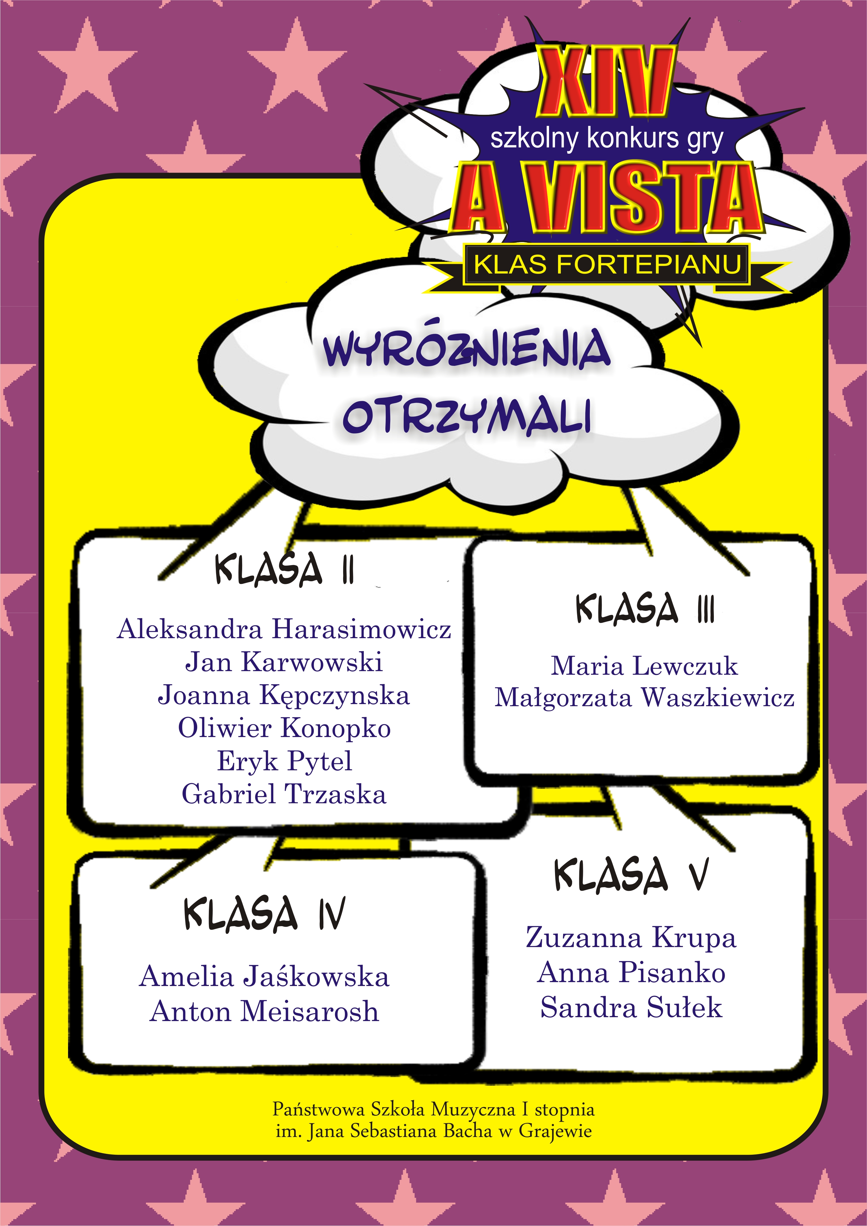 Fioletowo żółta grafika z informacją o wyróżnionych uczestnikach szkolnego konkursu czytania a'vista dla pianistów.