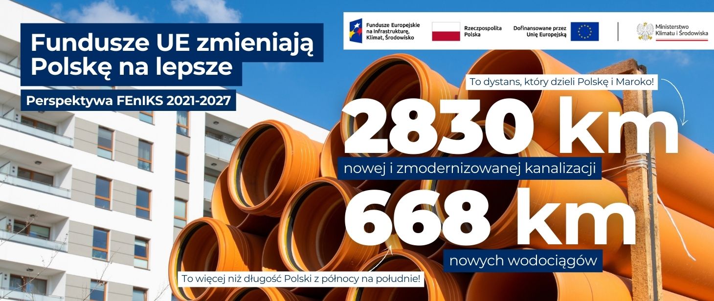 na zdjęciu widoczny jest tekst od lewej: Fundusze UE zmieniają Polskę na lepsze. Na środku 2830 km nowej i zmodernizowanej kanalizacji. To dystans, który dzieli Polskę i Maroko. 668 km nowych wodociągowych. To więcej niż długość Polski z północy na południe. Na górze widoczne są logotypu MKiŚ i Funduszy Europejskich na Infrastrukturę, Klimat i Środowisko. 