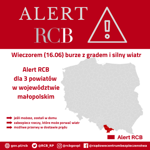 Alert RCB 16 czerwca – burze z gradem i silny wiatr.