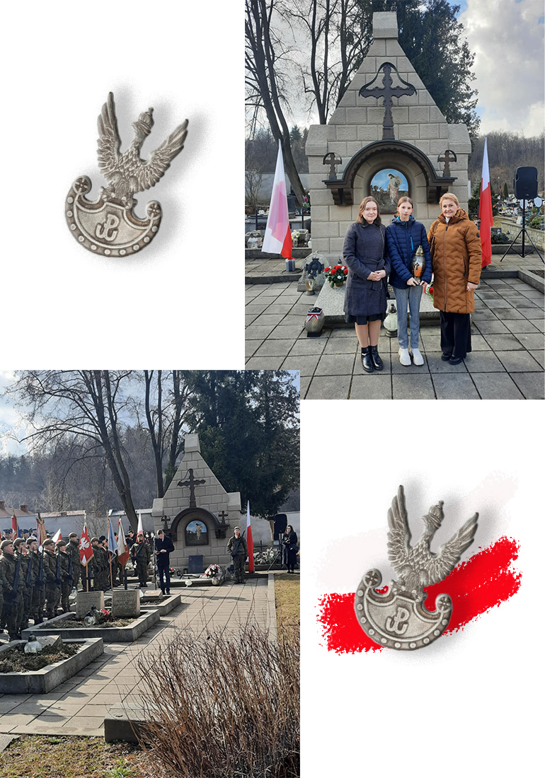Fotografia kolaż zdjęcia z obchodów Dni Żołnierzy Wyklętych przed kwaterą wojenną na cmentarzu w Limanowej, orzełek Armii Krajowej.