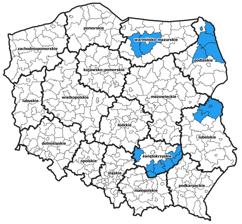 Ilustracja przedstawia powiaty, dla których podpisane zostały umowy na aktualizację zbiorów danych BDOT10k.