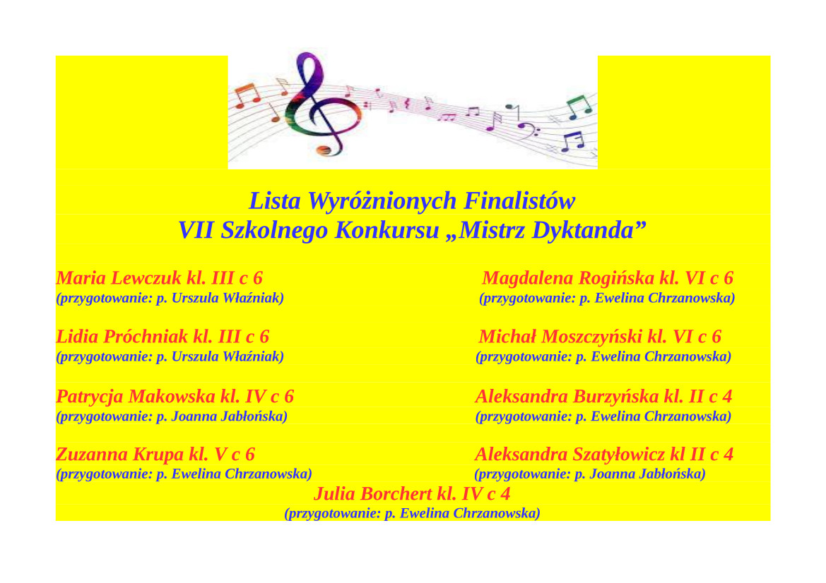 Grafika w kolorze żółtym przedstawia listę laureatów VII Szkolnego Konkursu ,,Mistrz Dyktanda". W górze kolorowy klucz wiolinowy, pięciolinia, a na niej nuty.