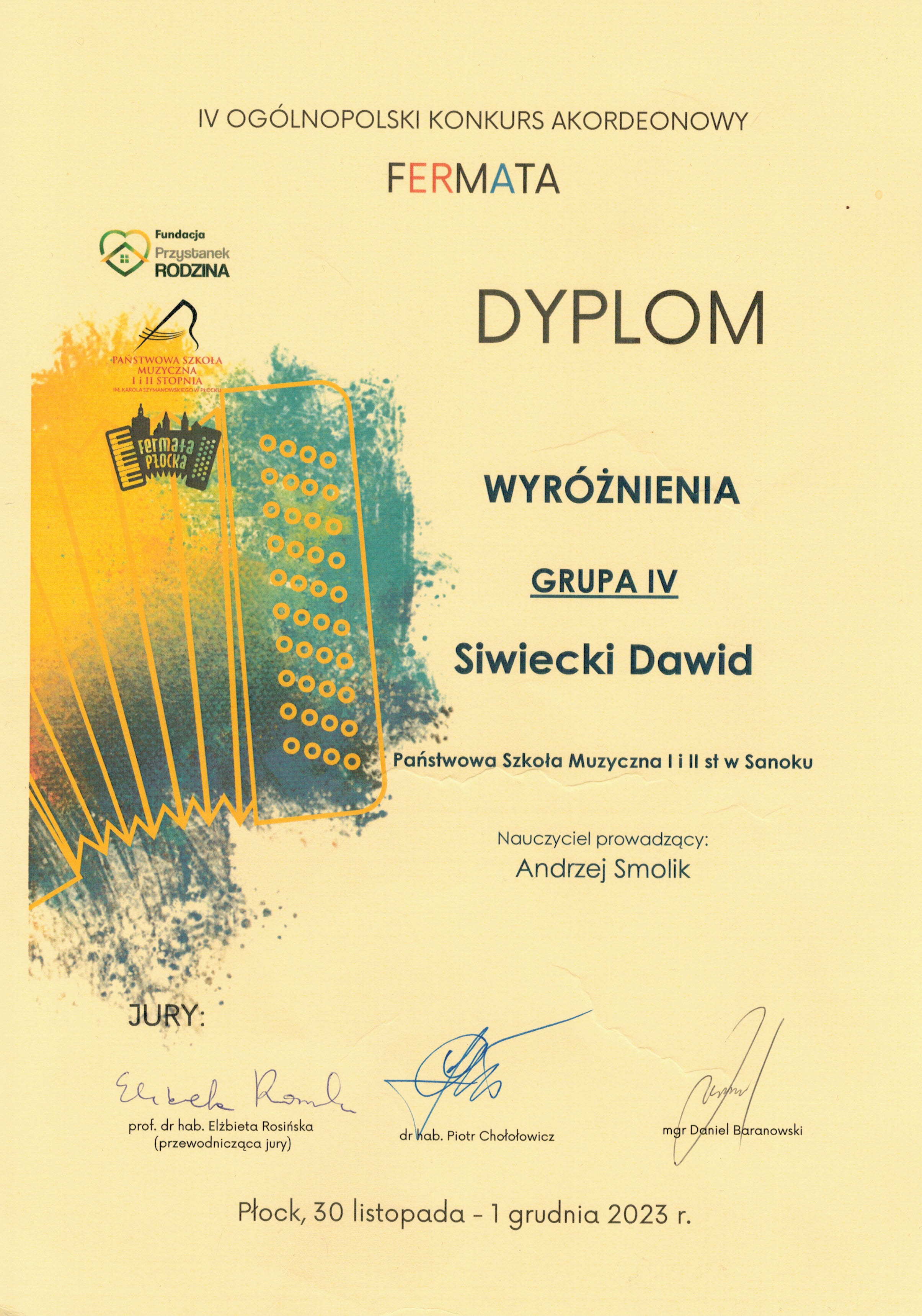 Dyplom wyróżnienie - Dawid Siwiecki - Płock 30 listopada 2023r. Czarne litery na żółtym tle, z lewej strony akordeon - logo konkursu.