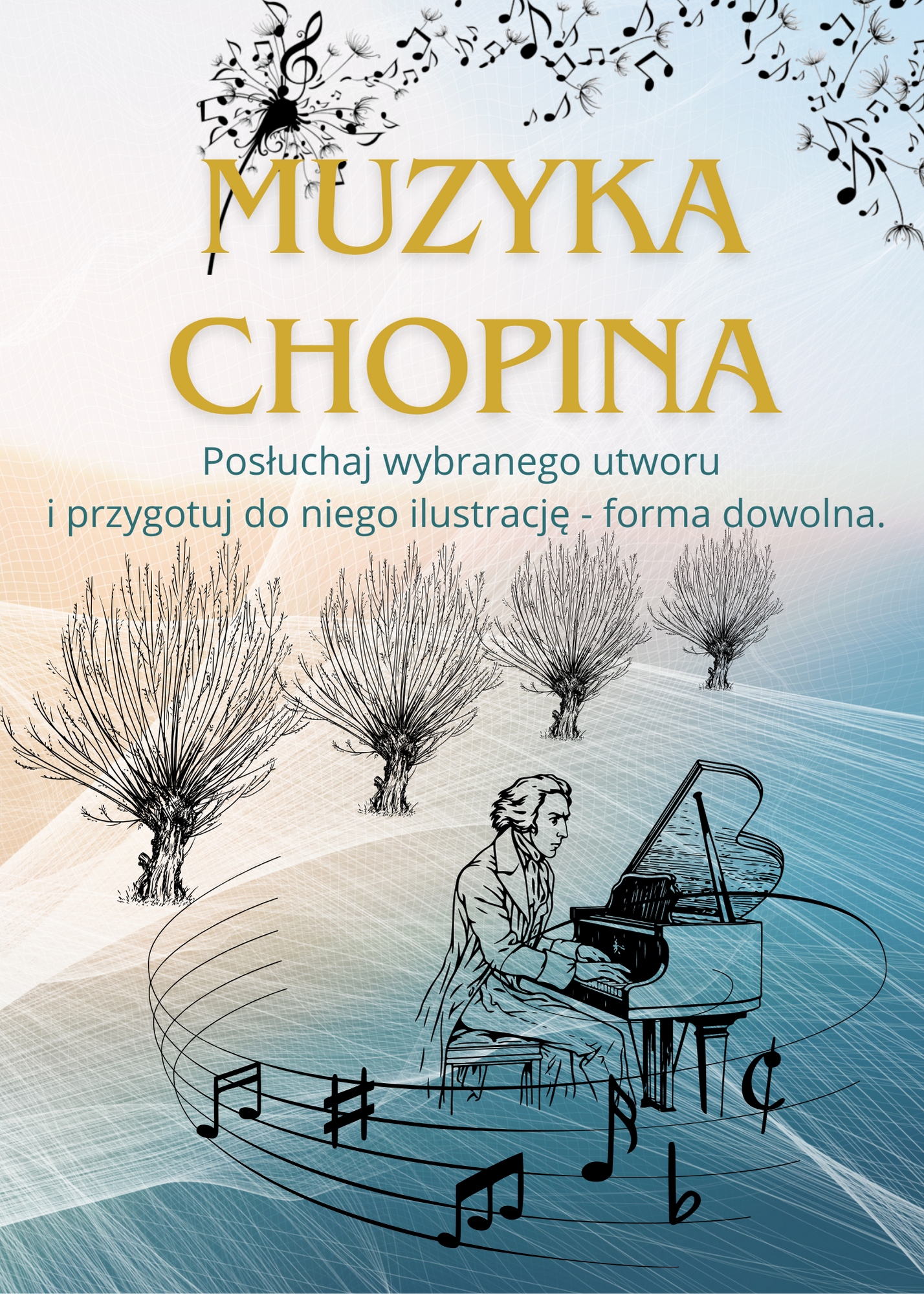Plakat opisujący przebieg akcji z wizerunkiem Fryderyka Chopina grającego na fortepianie