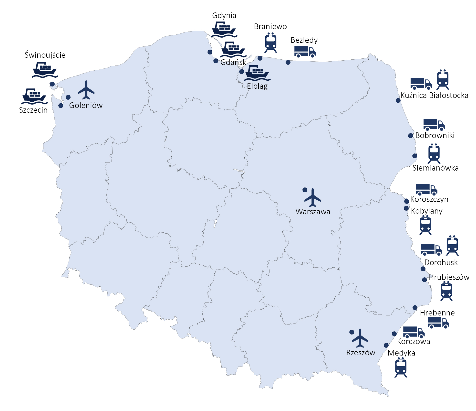 Grafika z mapą polski i zaznaczonymi punktami granicznymi
