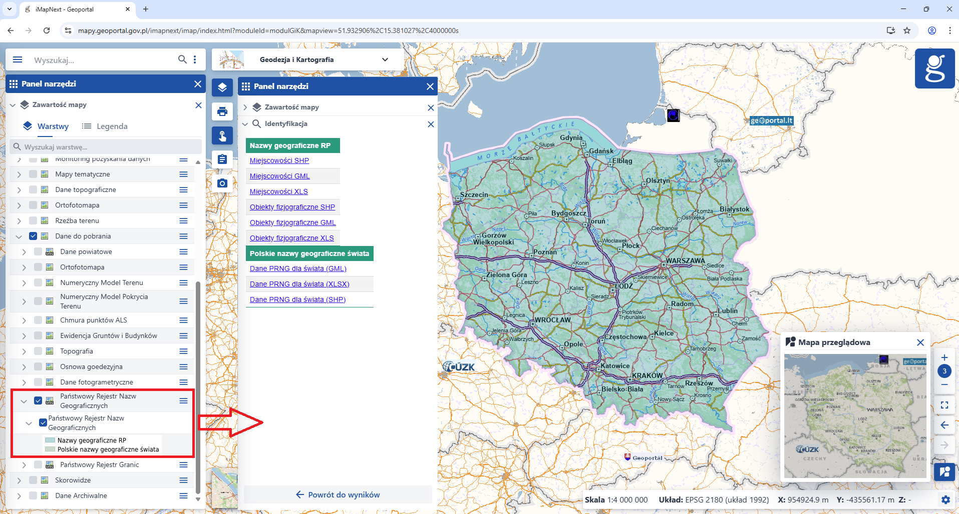 Ilustracja przedstawiająca zrzut ekranu z serwisu www.geoportal.gov.pl z uruchomioną usługą pobierania danych dotyczących nazw geograficznych RP poprzez skorowidze.