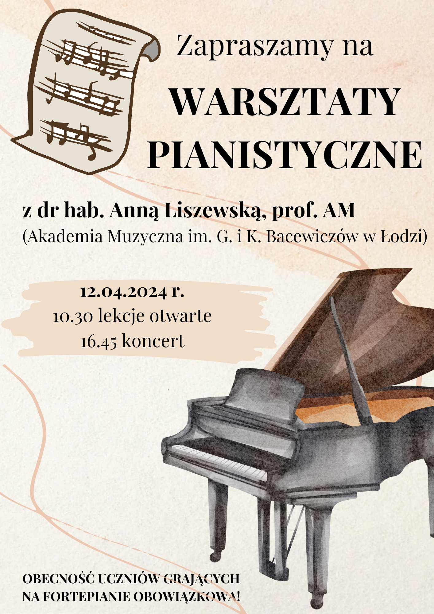 Plakat warsztatów pianistycznych na beżowym tle z grafiką fortepianu