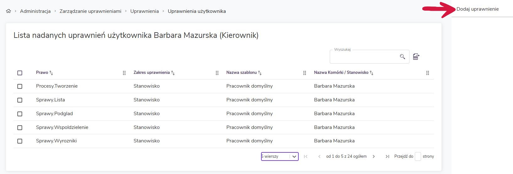 Widok w systemie służący do nadania użytkownikowi pojedynczych uprawnień.
