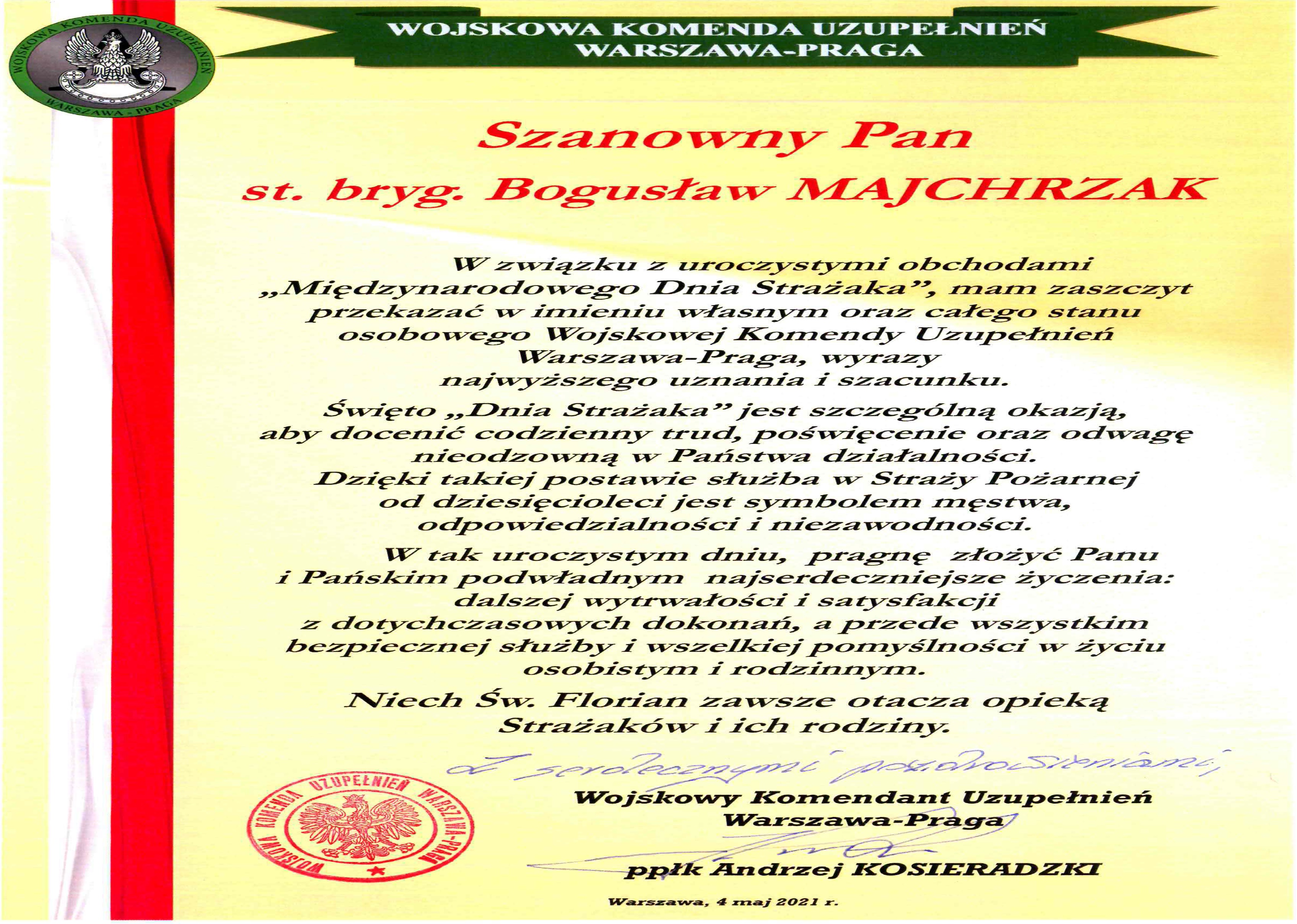 List z okazji Dnia Strażaka - Wojskowa Komenda Uzupełnień Warszawa-Praga