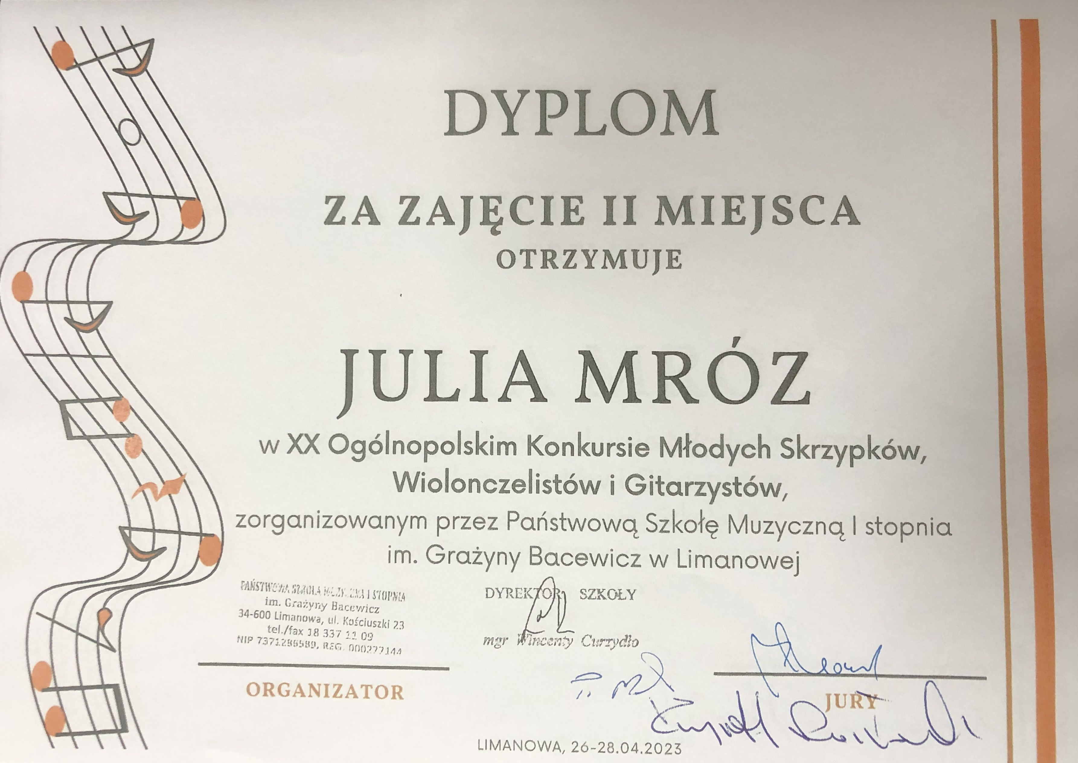 Dyplom z konkursu Julii Mróz