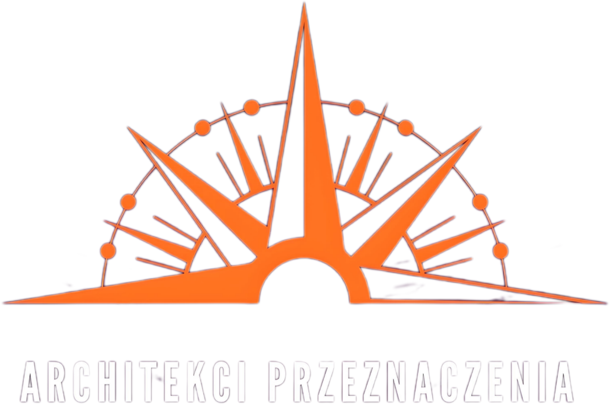 Forma graficznego emblematu utrzymanego w dynamicznej, czarno-pomarańczowej kolorystyce, na jednolitym czarnym tle. Jego centralnym elementem jest stylizowana, pomarańczowa róża wiatrów lub kompas, o silnym, strzelistym punkcie centralnym skierowanym ku górze. Konstrukcja ta składa się z bazy w kształcie łuku i szeregu promieniście rozchodzących się ramion, przypominających słońce lub kompas z igłą wskazującą północ. Półkole otaczające główną igłę zdobią pomarańczowe linie i drobne kropki, co tworzy wrażenie precyzyjnego instrumentu nawigacyjnego lub gwiezdnej konstelacji. Pod tym symbolem umieszczono czytelny, biały tekst zapisany grubą, bezszeryfową czcionką: ARCHITEKCI PRZEZNACZENIA.