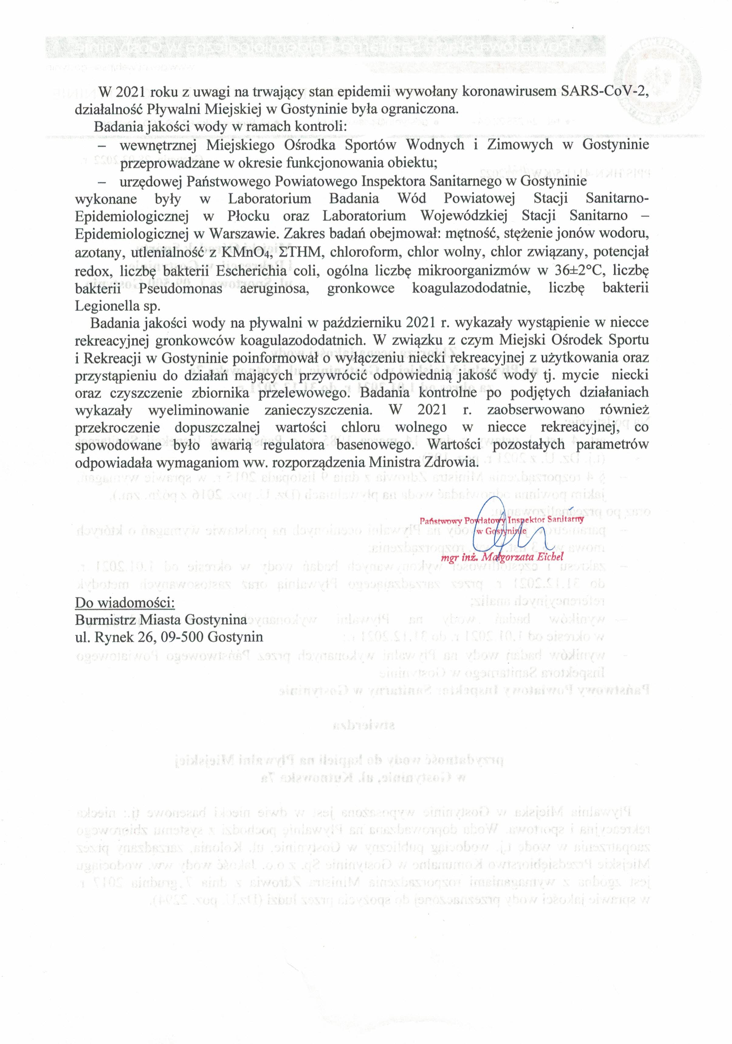 Zbiorcza ocena jakości wody na Pływalni Miejskiej w Gostyninie za 2021 r. - grafika2