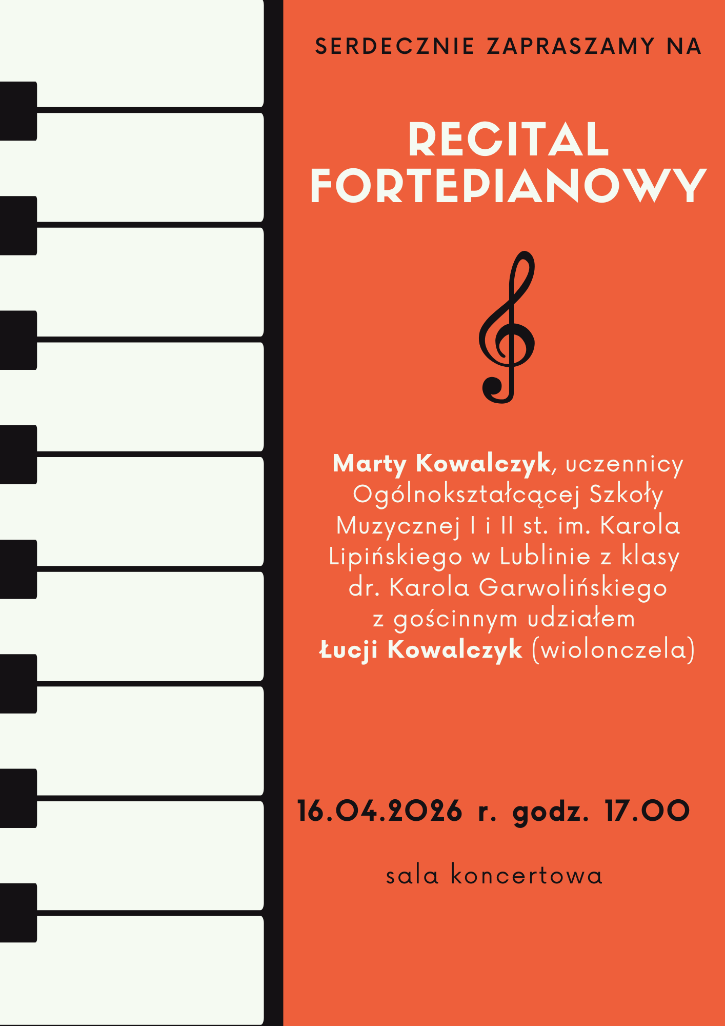 Plakat ze szczegółami koncertu na pomarańczowym tle z grafiką klawiatury fortepianu po lewej stronie oraz kluczem wiolinowym na środku plakatu