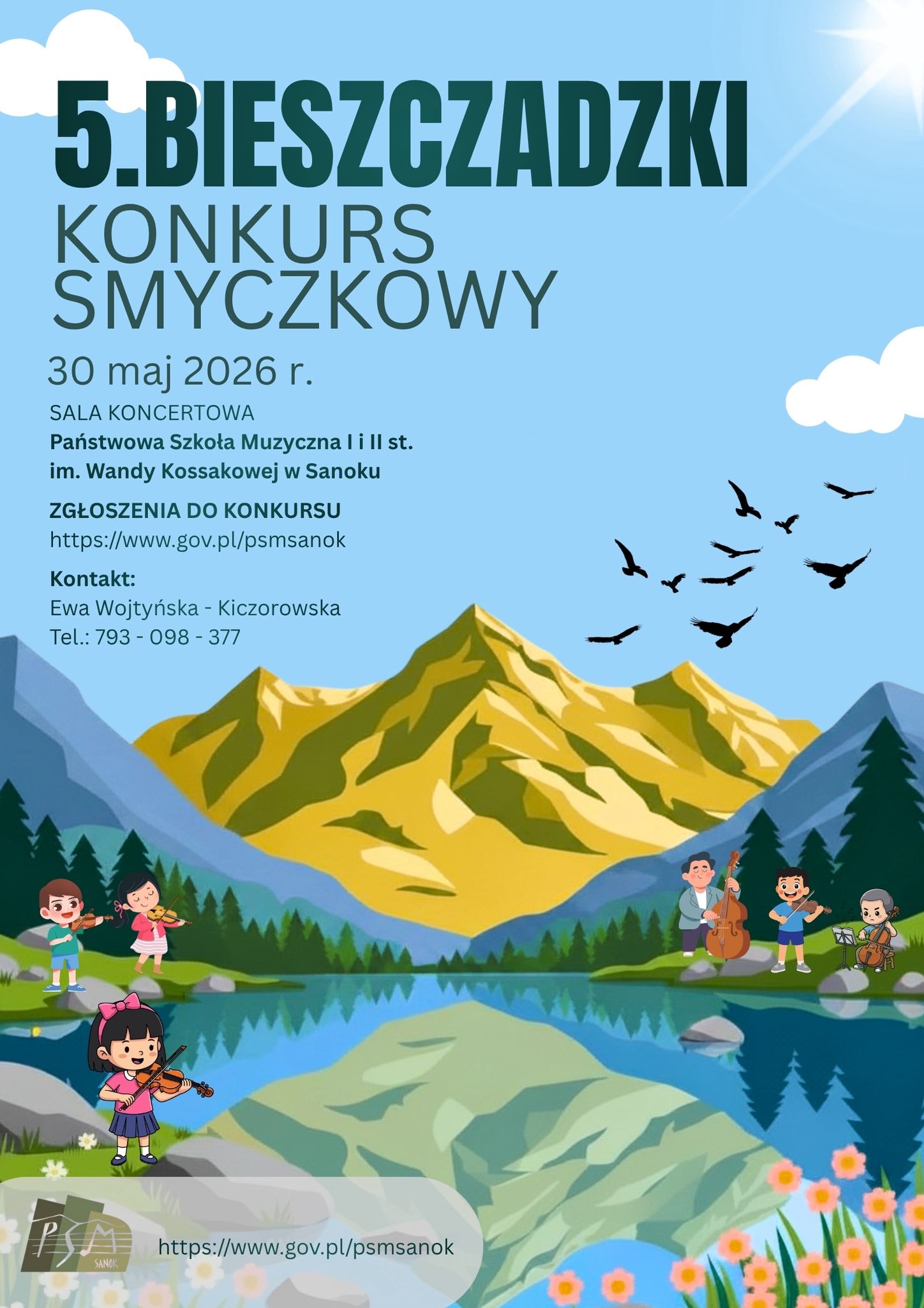 Plakat 5. Bieszczadzki Konkurs Skrzypcowy. W tle kolorowe góry, jezioro, dzieci z instrumentami.