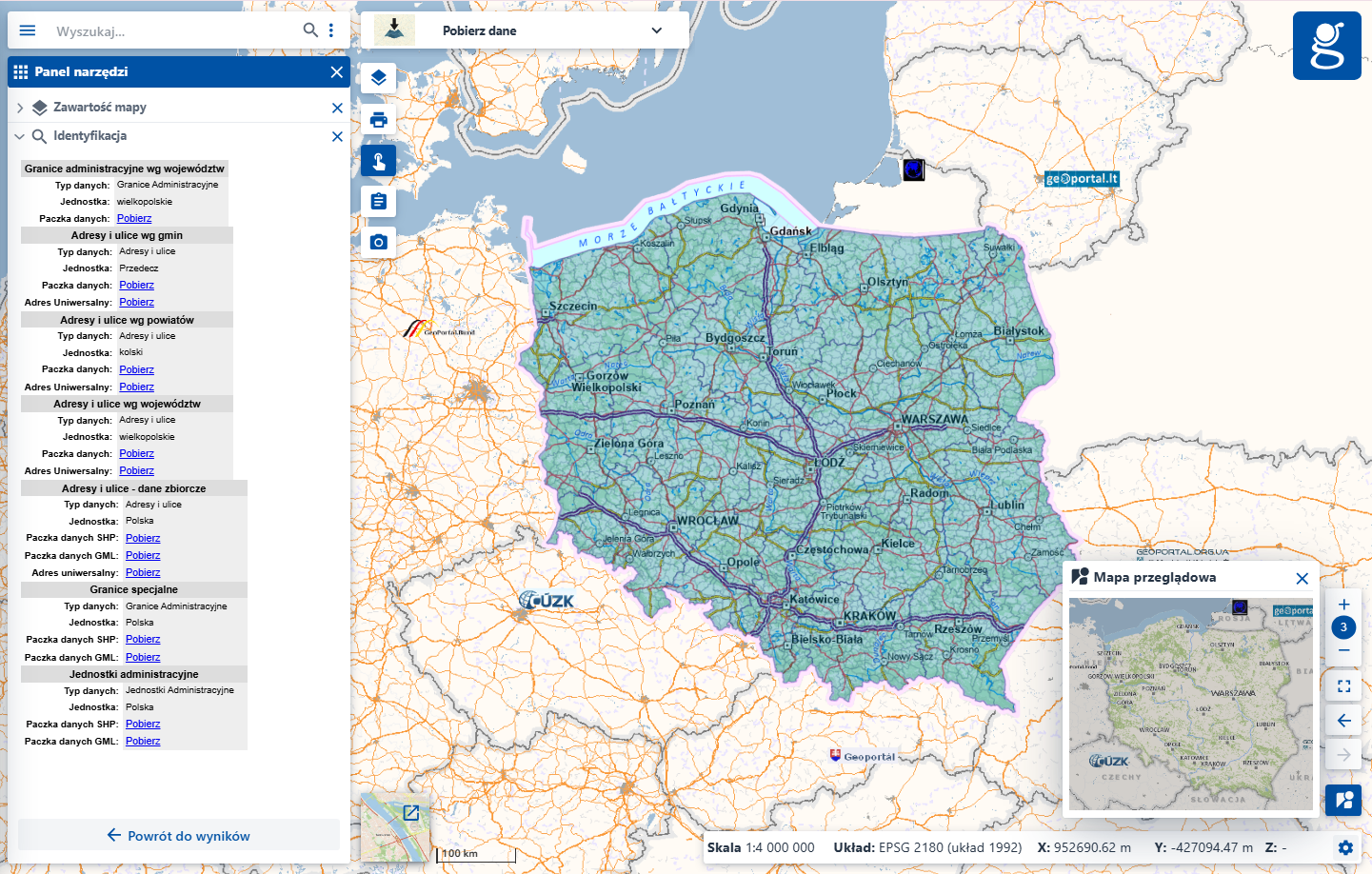 zrzut ekranu z Geoportalu przedstawiający pobieranie danych Państwowego Rejestru Granic (PRG).