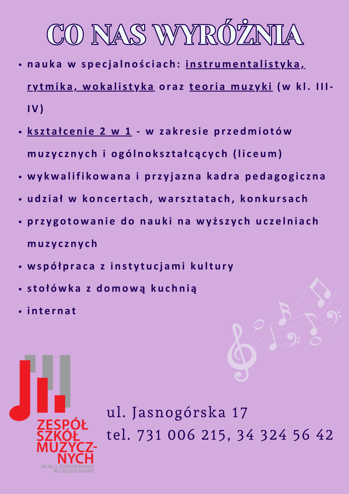 Różowe tło, na dole logo szkoły, tekst dotyczący informacji o POSM II st.