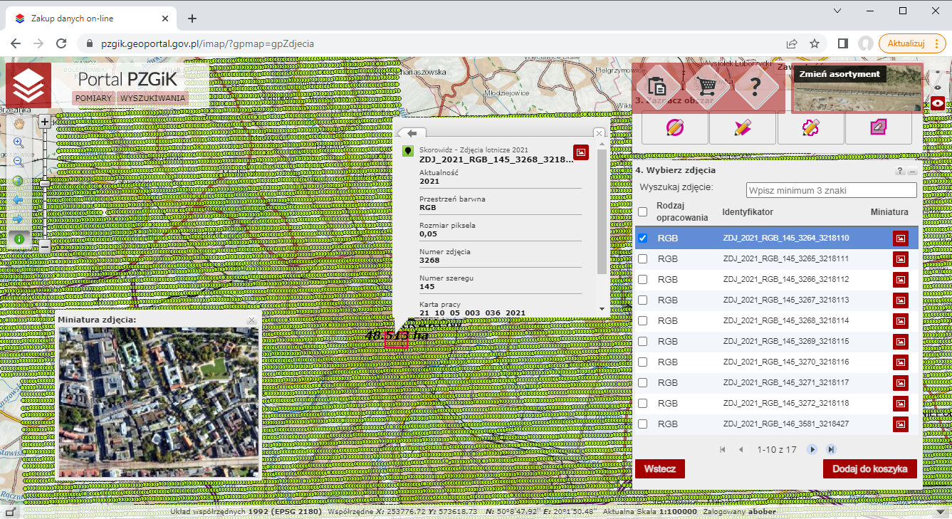 Ilustracja przedstawia zrzut ekranu z portalu https://pzgik.geoportal.gov.pl/imap/ nowo przyjętych zdjęć do państwowego zasobu geodezyjnego i kartograficznego