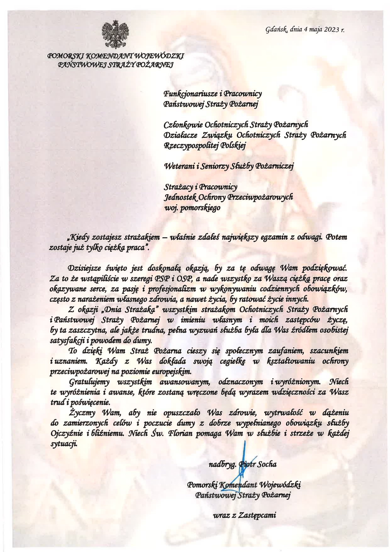 Życzenia kierownictwa KW PSP w Gdańsku z okazji Dnia Strażaka 2023