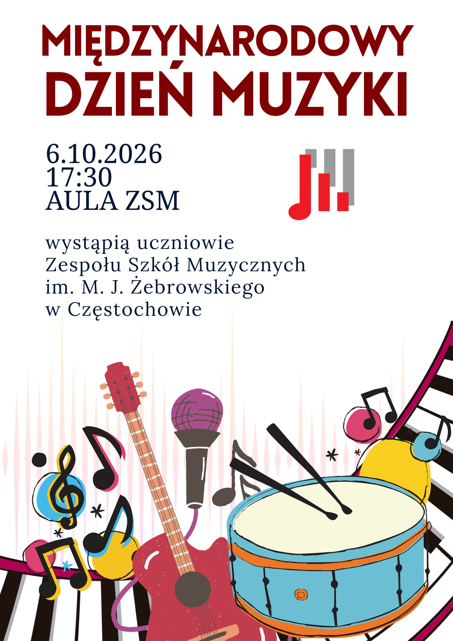 Białe tło z grafiką kolorowych instrumentów, logo szkoły, tekst dotyczący koncertu z okazji Międzynarodowego Dnia Muzyki 6.10.2026 o godz. 17.30