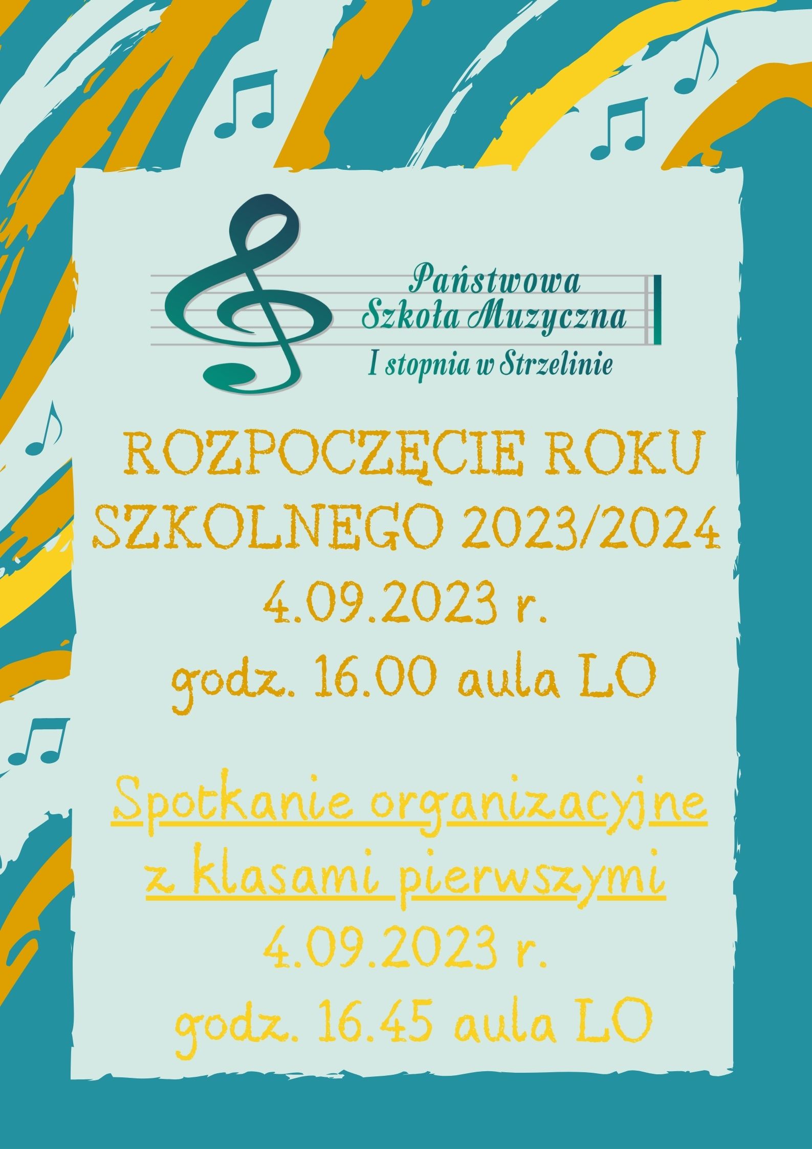 Na plakacie widoczne jest logo PSM Strzelin oraz informacje dotyczące wydarzenia. Tło plakatu jest błękitne z żółtymi nieregularnymi pasami.