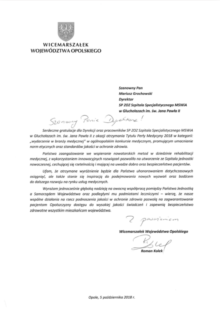 podziękowanie od wicemarszałka województwa opolskiego