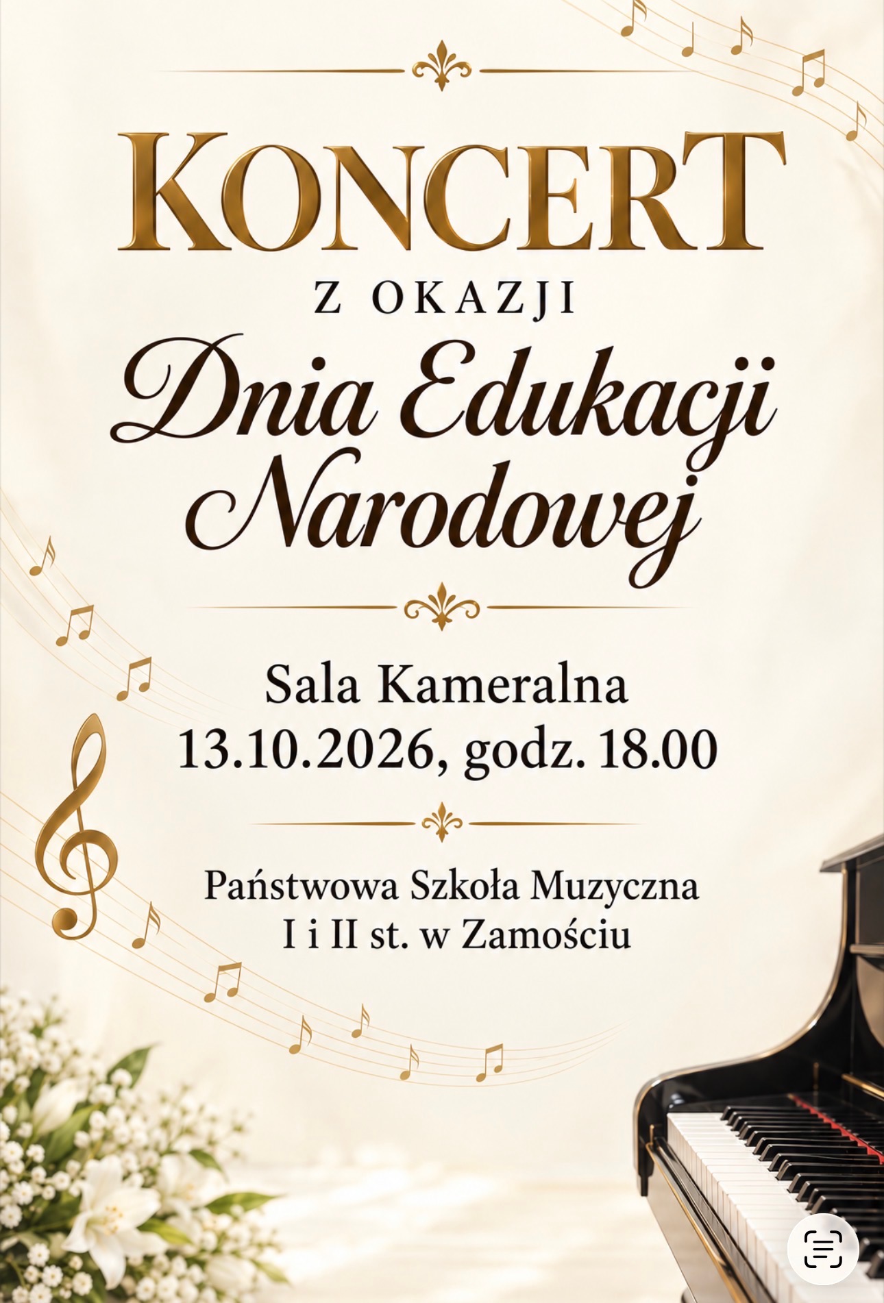 Plakat zapowiadający wydarzenie muzyczne, utrzymany w eleganckiej, jasnej kolorystyce ze złotymi zdobieniami, nutami oraz grafiką przedstawiającą fragment fortepianu i białe kwiaty w prawym dolnym rogu, na którym znajduje się następujący tekst: „KONCERT Z OKAZJI Dnia Edukacji Narodowej Sala Kameralna 13.10.2026, godz. 18.00 Państwowa Szkoła Muzyczna I i II st. w Zamościu”.