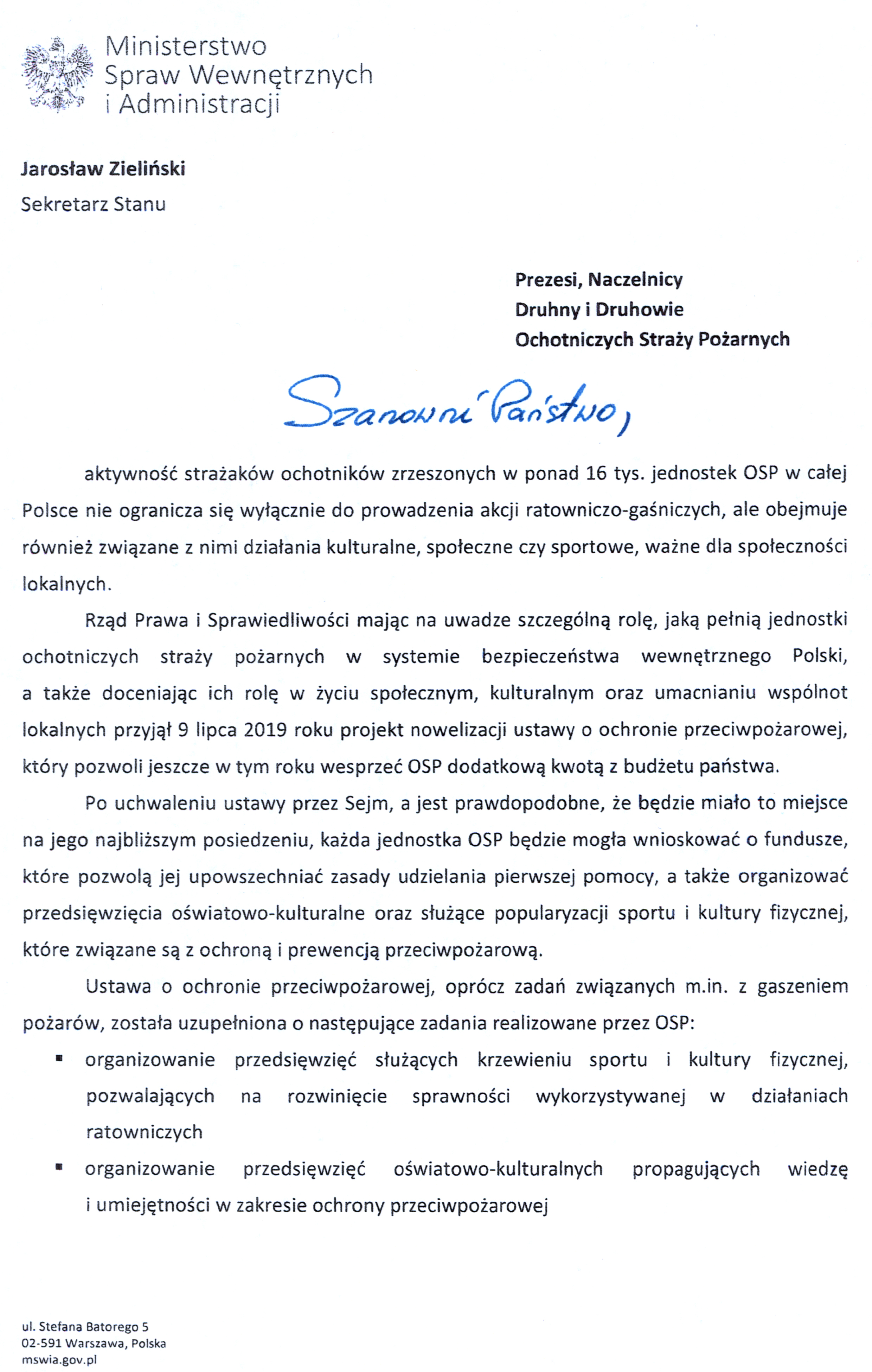 List Sekretarza Stanu MSWiA Jarosława Zielińśkiego do druhen i druhów ochotniczych straży pożarnych w sprawie dodatkowych środków finansowych na działalność OSP