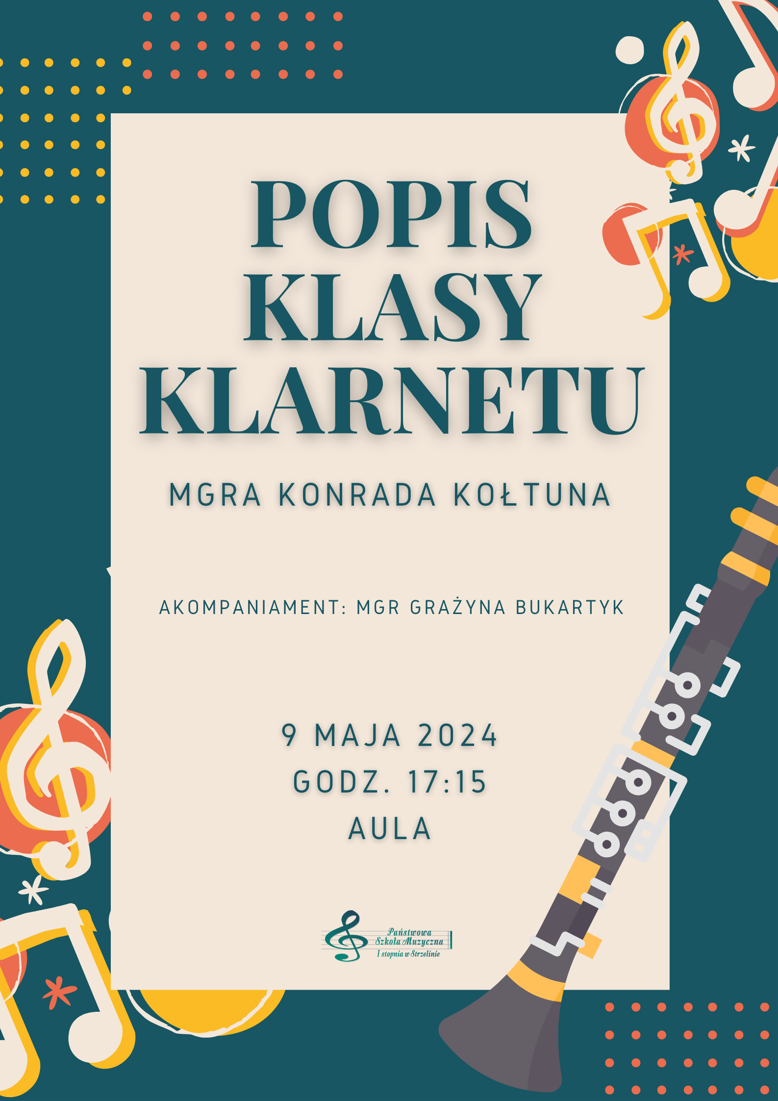 Na kolorowym tle z widocznymi grafikami nut i klarnetów umieszczone zostały informacje dotyczące wydarzenia.