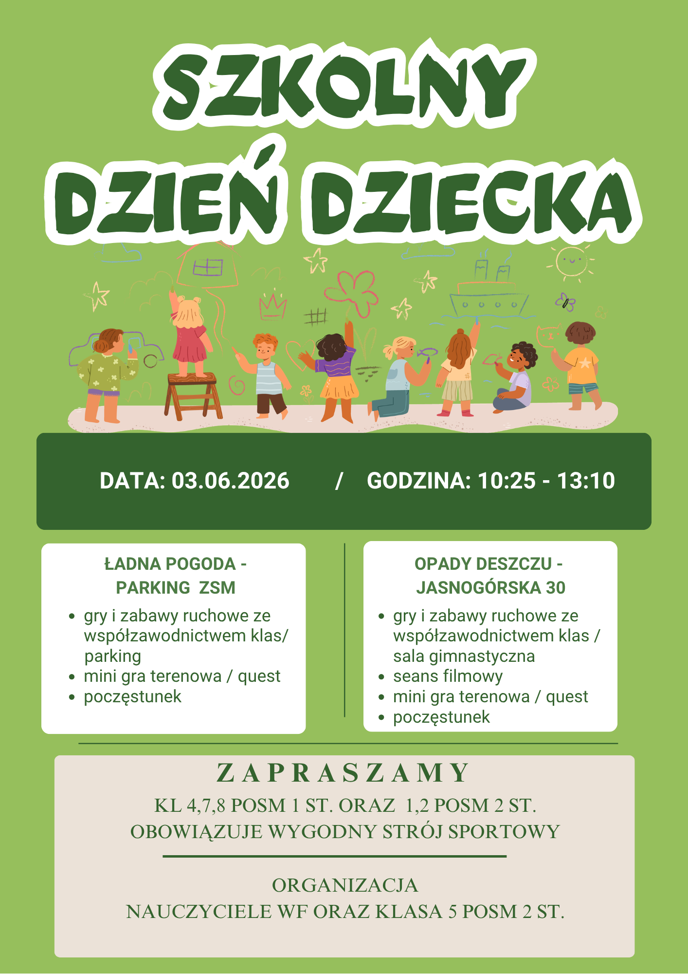 Zielone tło, grafika dzieci, tekst dotyczący szkolnego dnia dziecka 3 czerwca 2026 r.