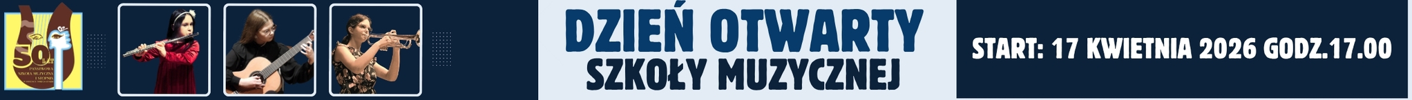 zdjęcia muzyków na niebieskim tle, ze zdjęciem szkoły z prawej strony, z logo szkoły w kolorze brązowo-żółtym