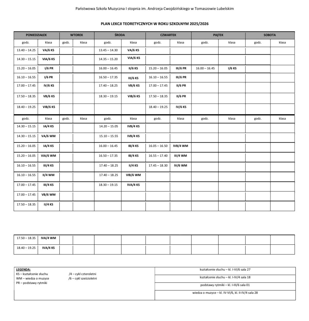 plan lekcji teoretycznych na rok 2025/2026 ułożony w tabeli zawiera czarne litery na białym tle