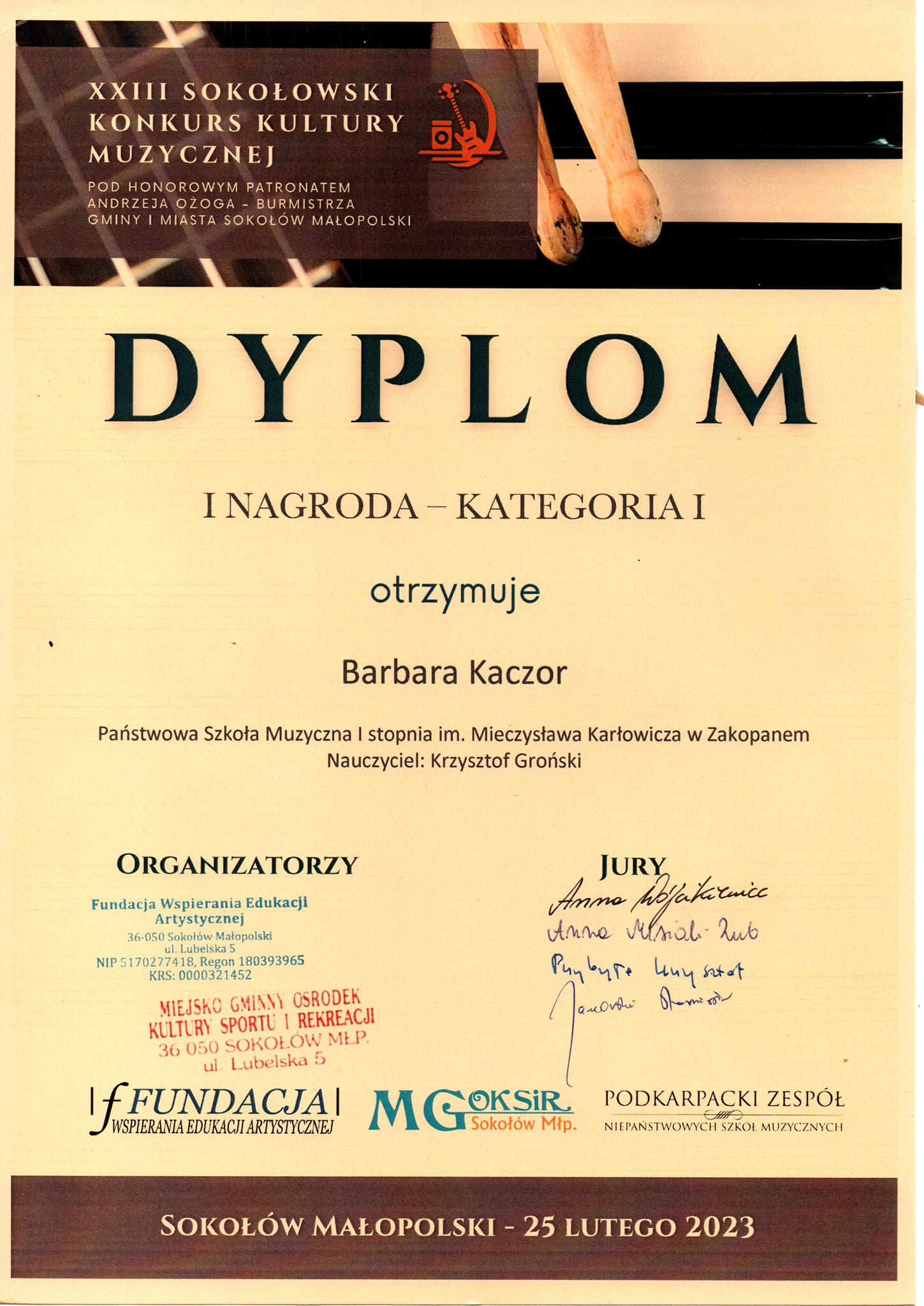 Barbara Kaczor dyplom z konkursu