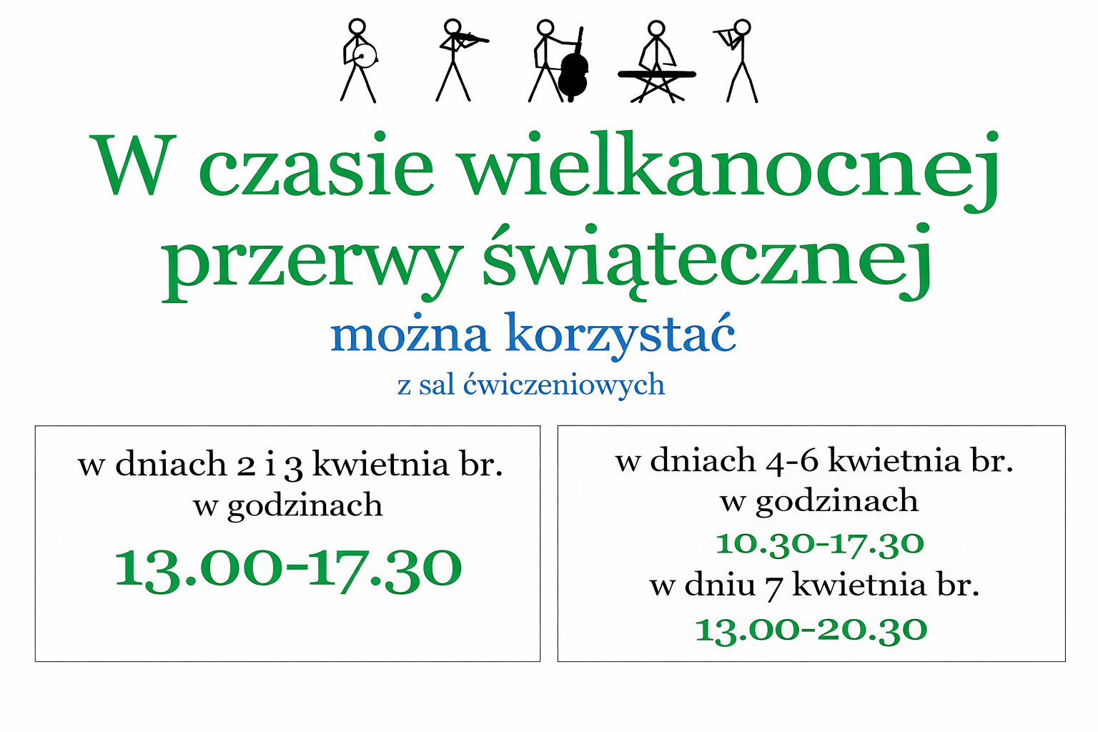 Grafika informacyjna o wiosennej przerwie świątecznej oraz dostępności sal ćwiczeniowych. Przerwa trwa od 2 do 7 kwietnia 2026 roku. Sale dostępne: 2–3 kwietnia w godzinach 13:00–17:30, 4–6 kwietnia w godzinach 10:30–17:30 oraz 7 kwietnia w godzinach 13:00–20:30.