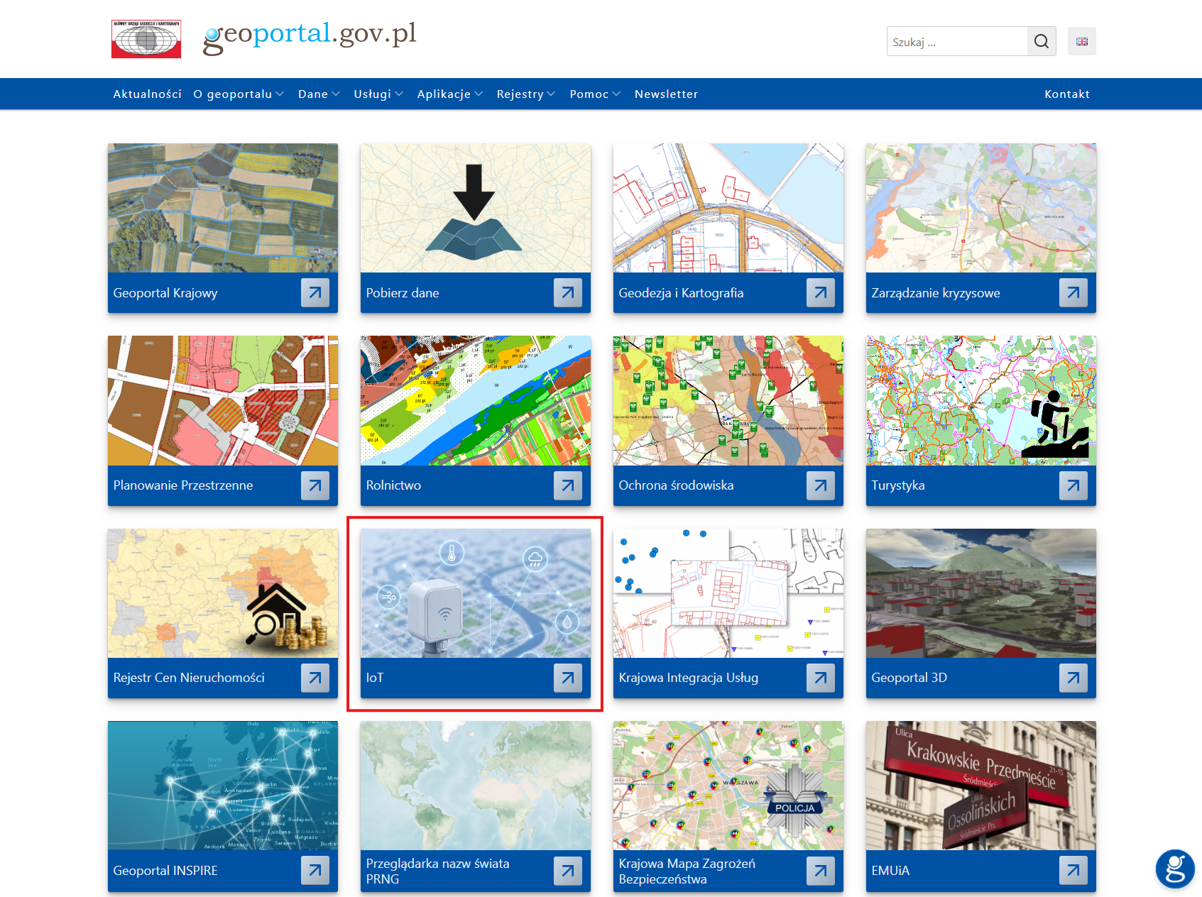 Zrzut ekranu strony głównej www.geoportal.gov.pl z zaznaczonym czerwoną ramką modułem tematycznym "IoT"