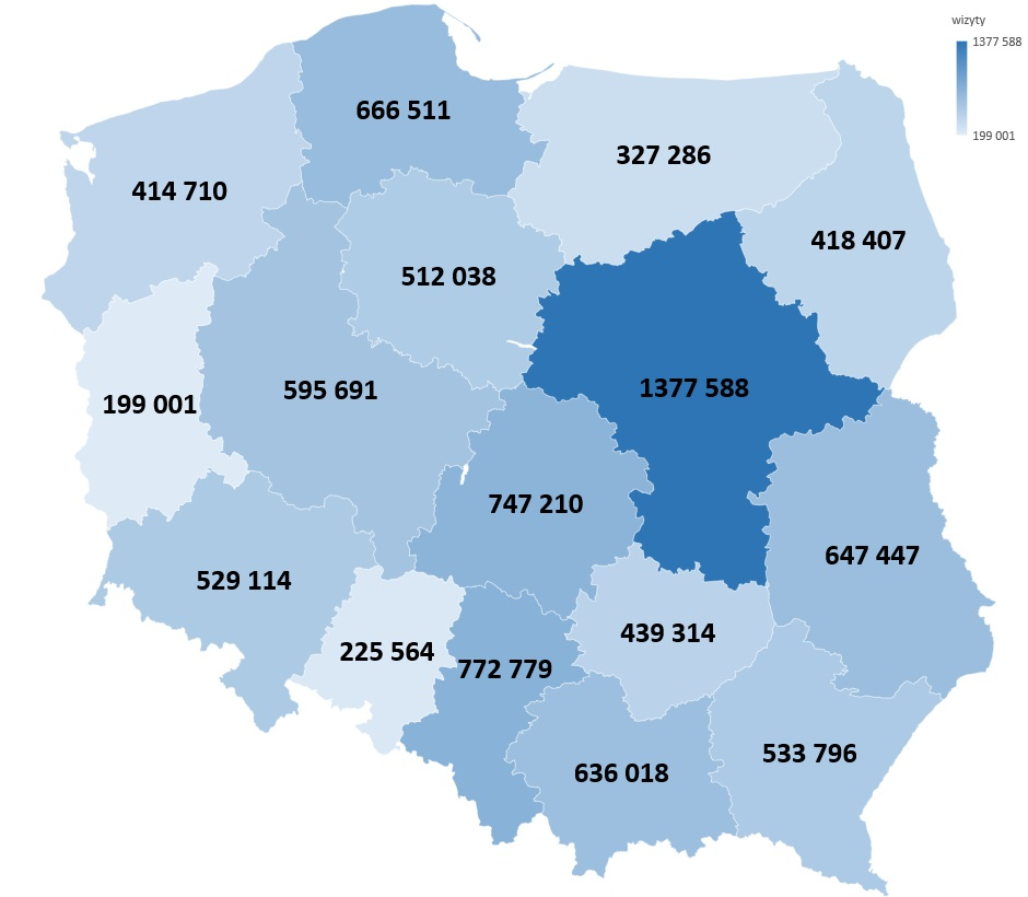 Wojewódzka mapa Polski z zaznaczoną liczbą wizyt w województwach.