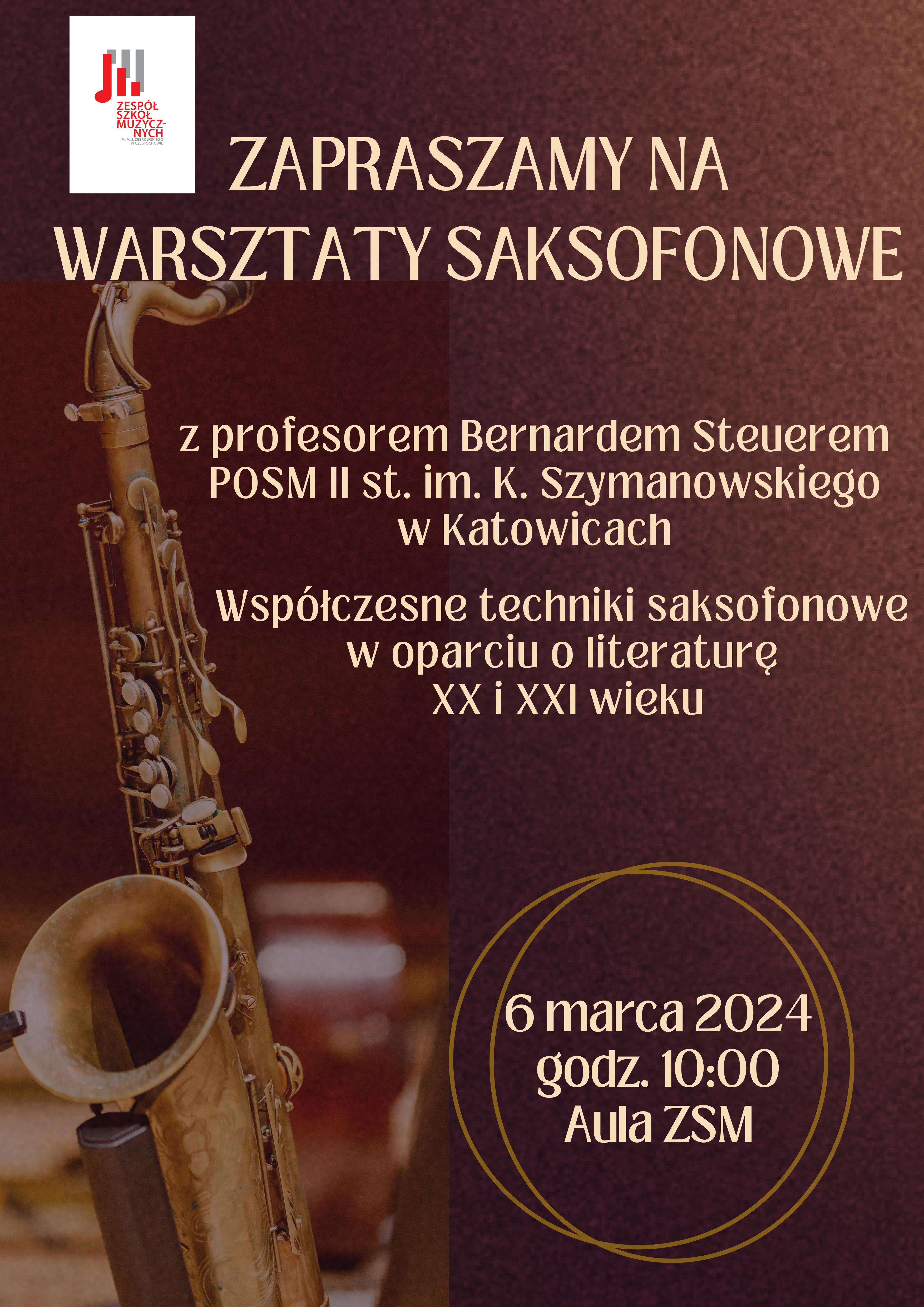 Brązowe tło, po lewej logo szkoły oraz zdjęcie saksofonu, informacje o warsztatach saksofonowych