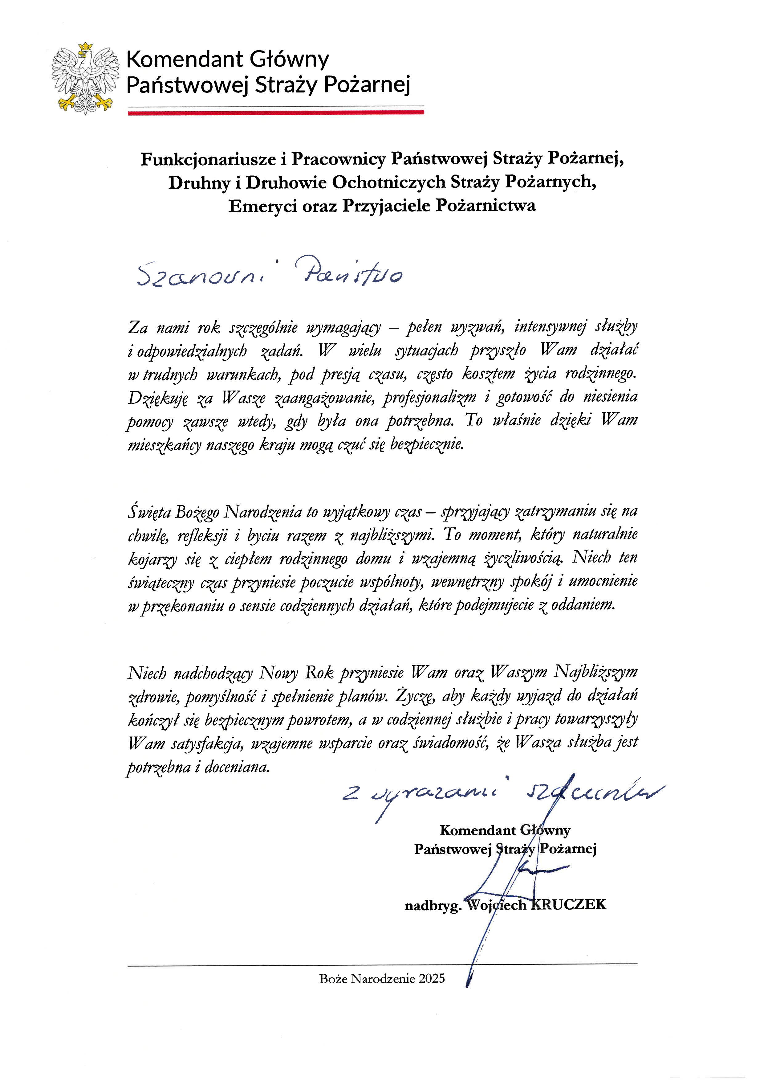 Tekst życzeń Komendanta Głównego PSP z okazji Świąt Bożego Narodzenia