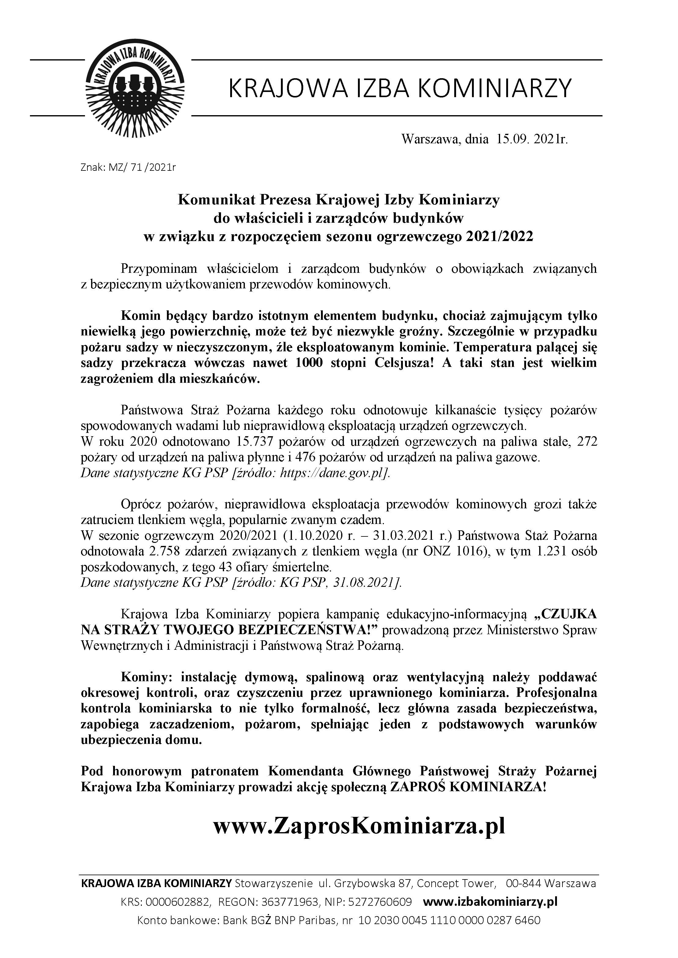 Komunikat Prezesa KIK 2021