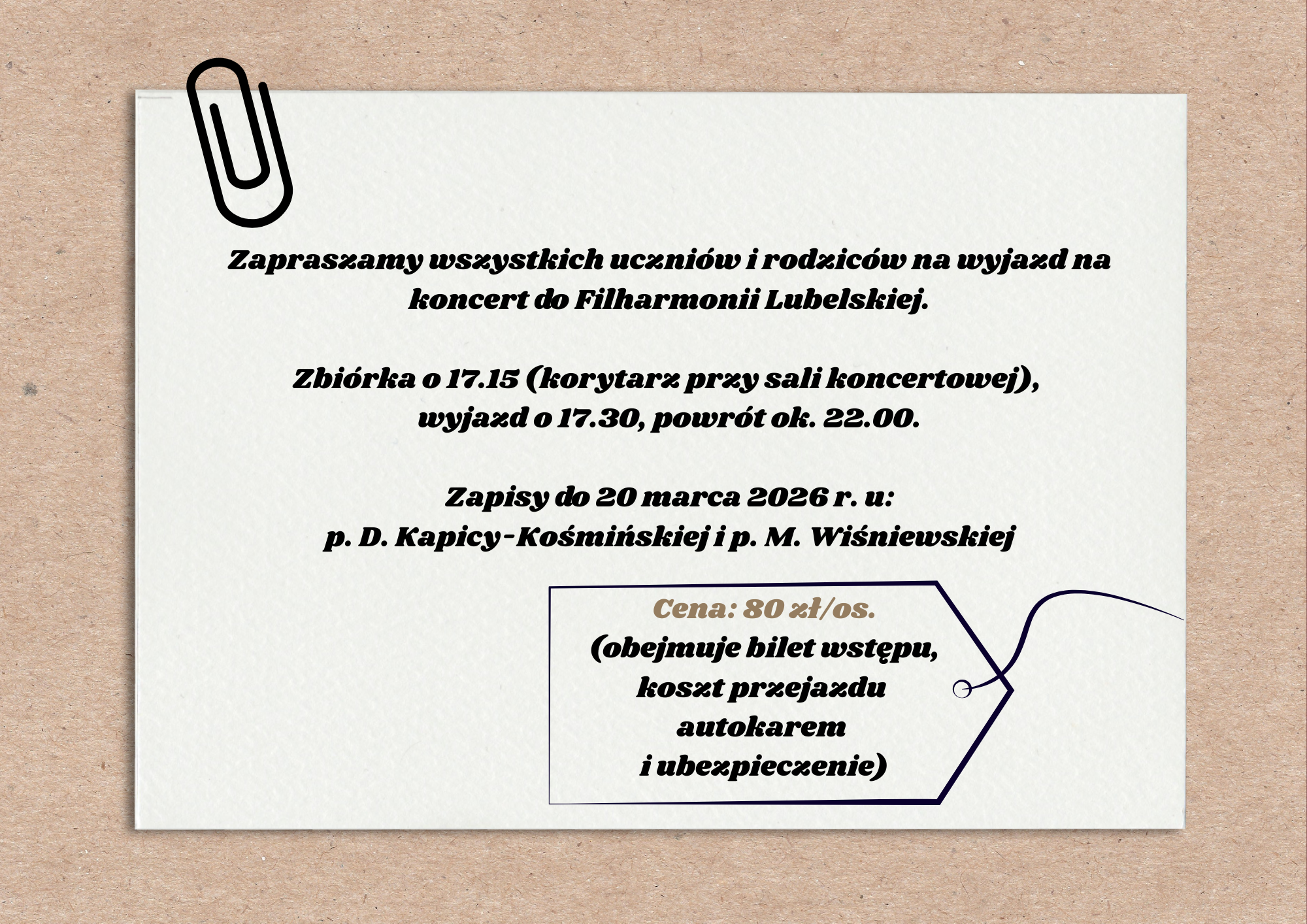 Ogłoszenie ze szczegółami wyjazdu