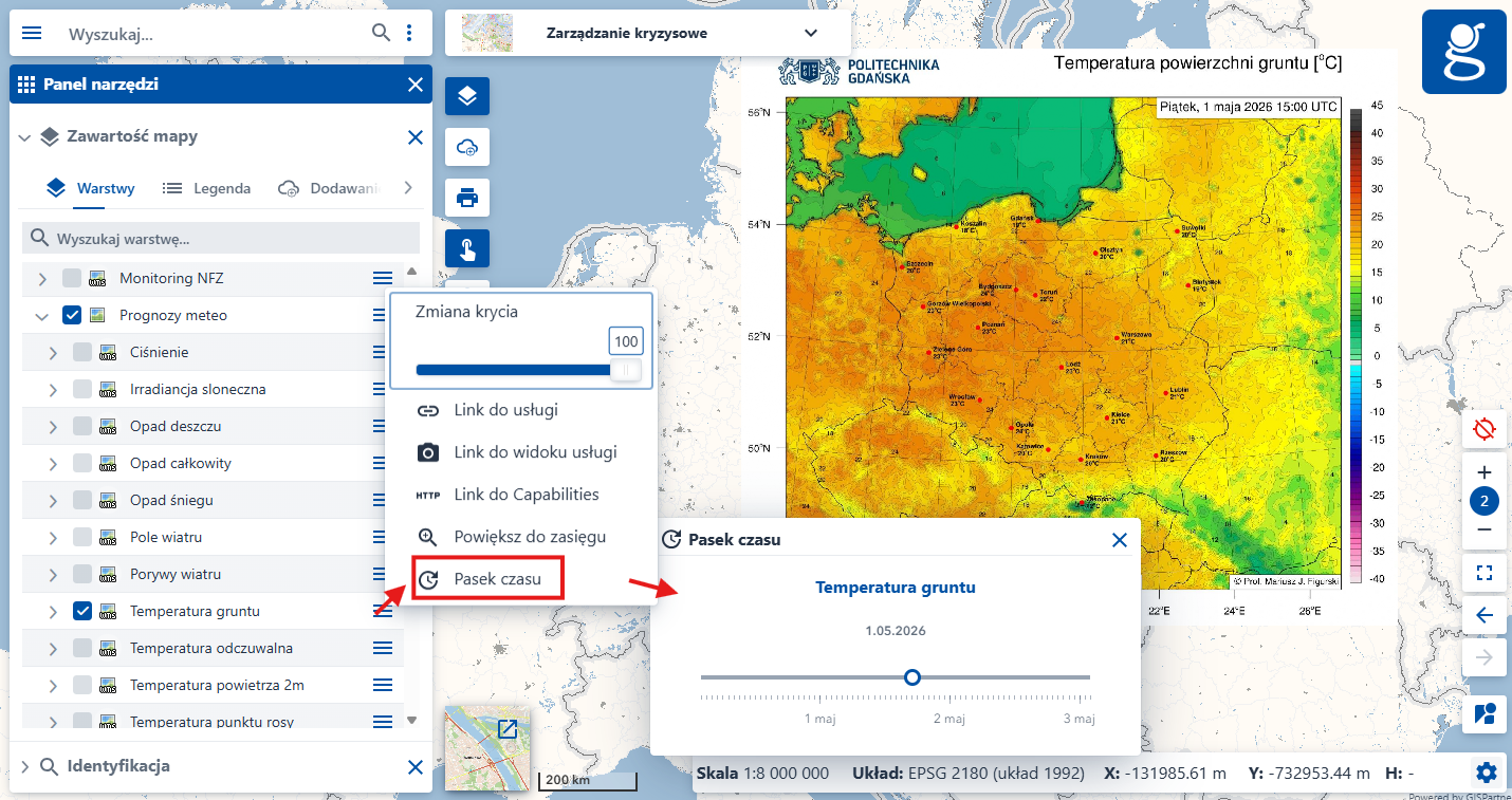 Zrzut ekranu z modułu tematycznego Zarządzanie kryzysowe, w którym ukazany jest pole wyboru warstw Prognozy meteo oraz zaznaczona opcja wyboru paska czasu, wraz z wyświetlonym modułem paska czasu.