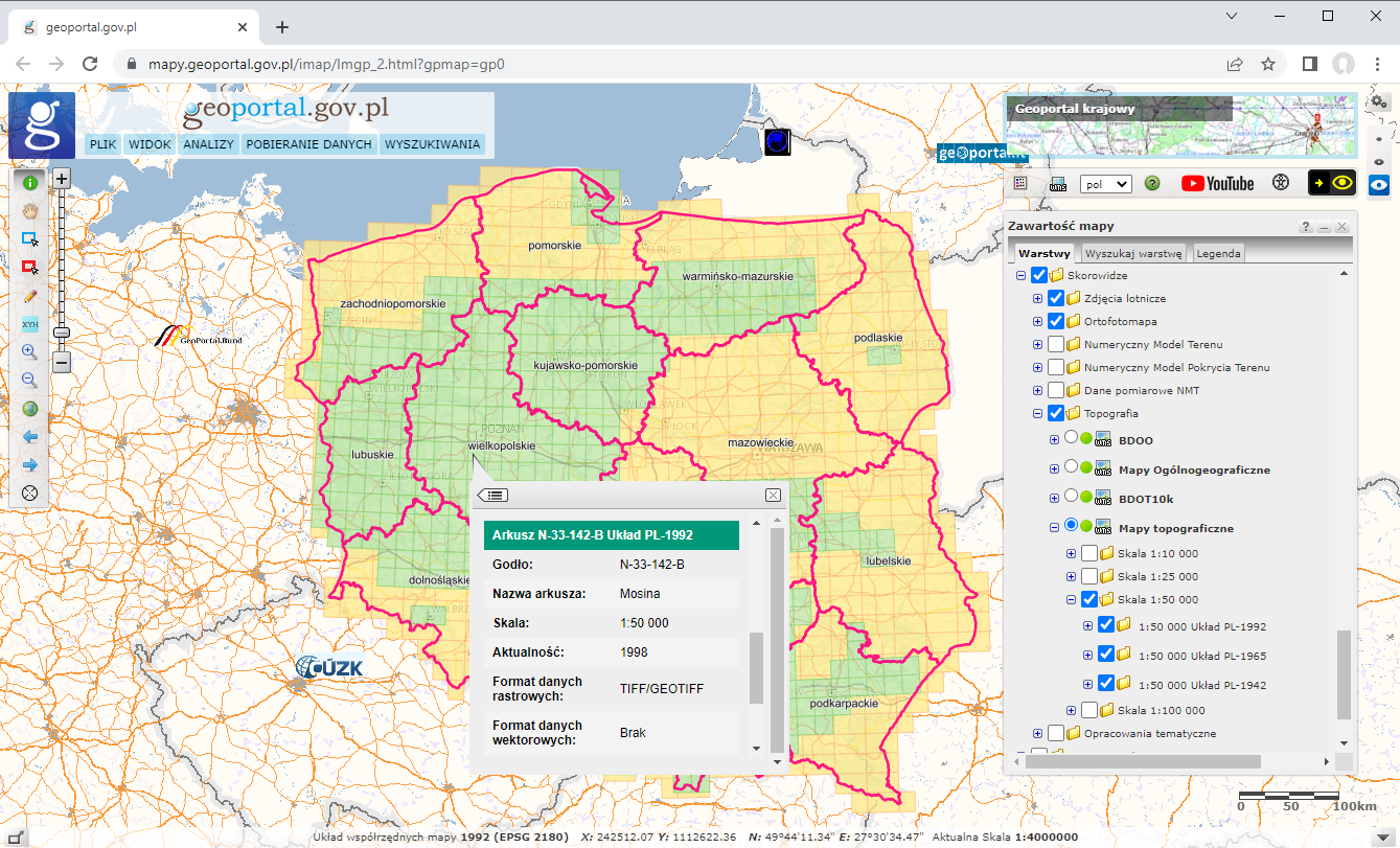 Ilustracja przedstawia zrzut ekranu z serwisu www.geoportal.gov.pl ze skorowidzami prezentującymi dostępne w zasobie mapy topograficzne.