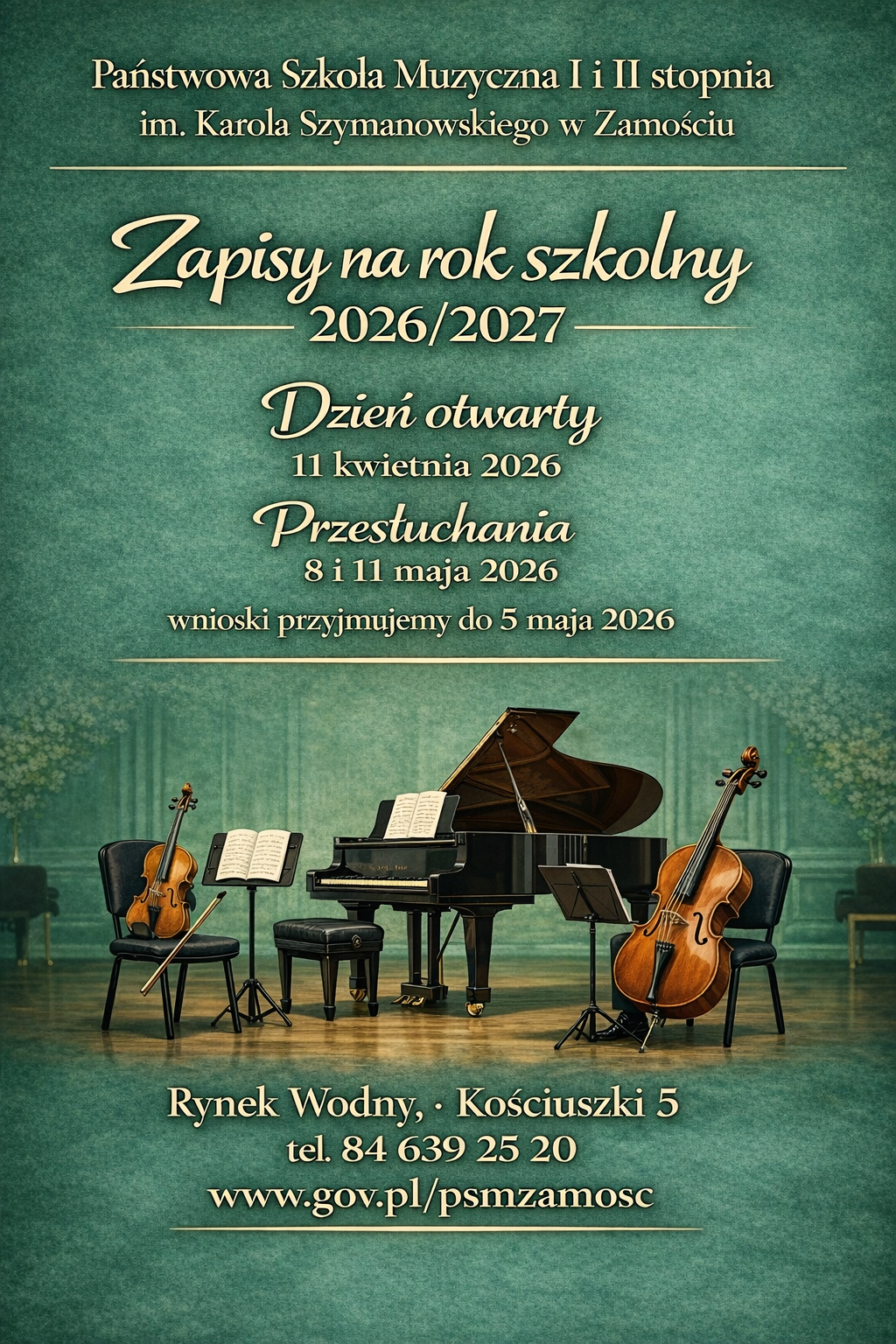 Plakat promujący rekrutację do Państwowej Szkoły Muzycznej I i II stopnia im. Karola Szymanowskiego w Zamościu na rok szkolny 2026/2027, na tle eleganckiej sali z fortepianem, skrzypcami i wiolonczelą ustawionymi na krzesłach i pulpitami nutowymi, z czytelnym napisem „Zapisy na rok szkolny 2026/2027”, informacją o dniu otwartym 11 kwietnia 2026 oraz terminach przesłuchań 8 i 11 maja 2026, a także adnotacją, że wnioski przyjmowane są do 5 maja 2026; na dole podano adres Rynek Wodny, Kościuszki 5, numer telefonu 84 639 25 20 oraz stronę internetową www.gov.pl/psmzamosc.
