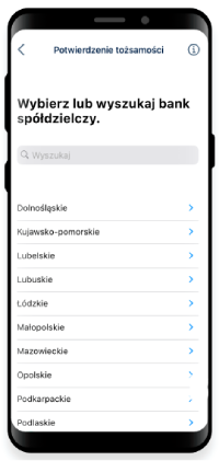 Ekran telefonu ze stroną profilu zaufanego. Na ekranie znajduje się wyszukiwarka, która umożliwia wpisanie nazwy banku lub miejscowości, w której znajduje się bank. Pod wyszukiwarką znajduje się spis województw. Po ich wybraniu lista wyświetlana jest zacieśniona do wyboru lista.