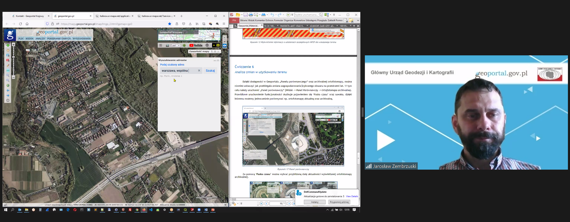 Zrzut ekranu z programu ZOOM. Po lewej widok na stronę geoportal.gov.pl, a po prawej pracownik GUGiK podczas prezentacji Geoportalu.