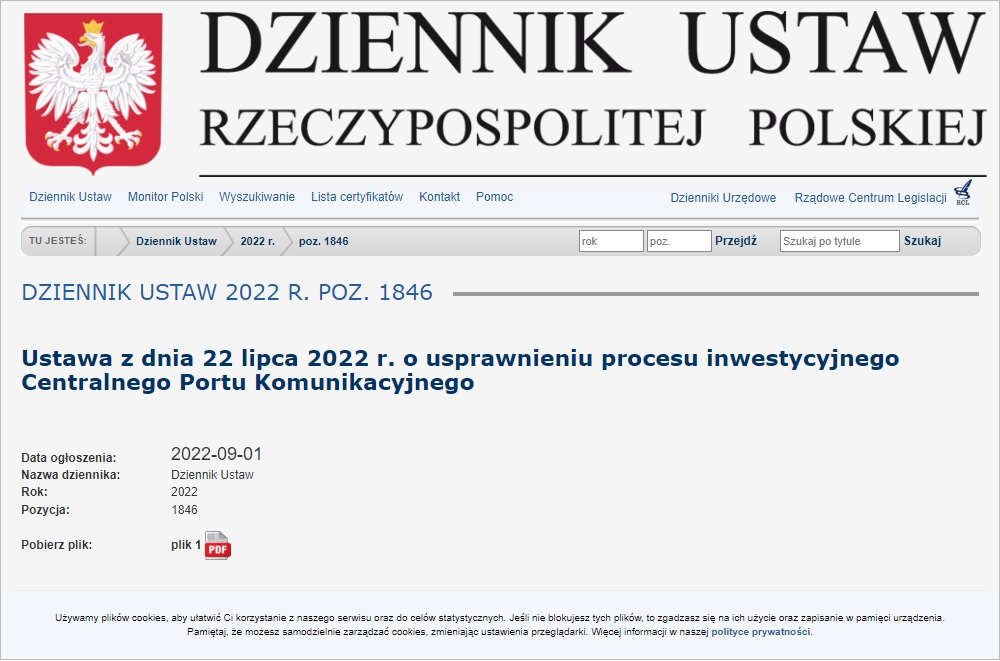 Ilustracja przedstawia stronę Dziennika Ustaw Rzeczypospolitej Polskiej dotyczacego publikacji ustawy. 